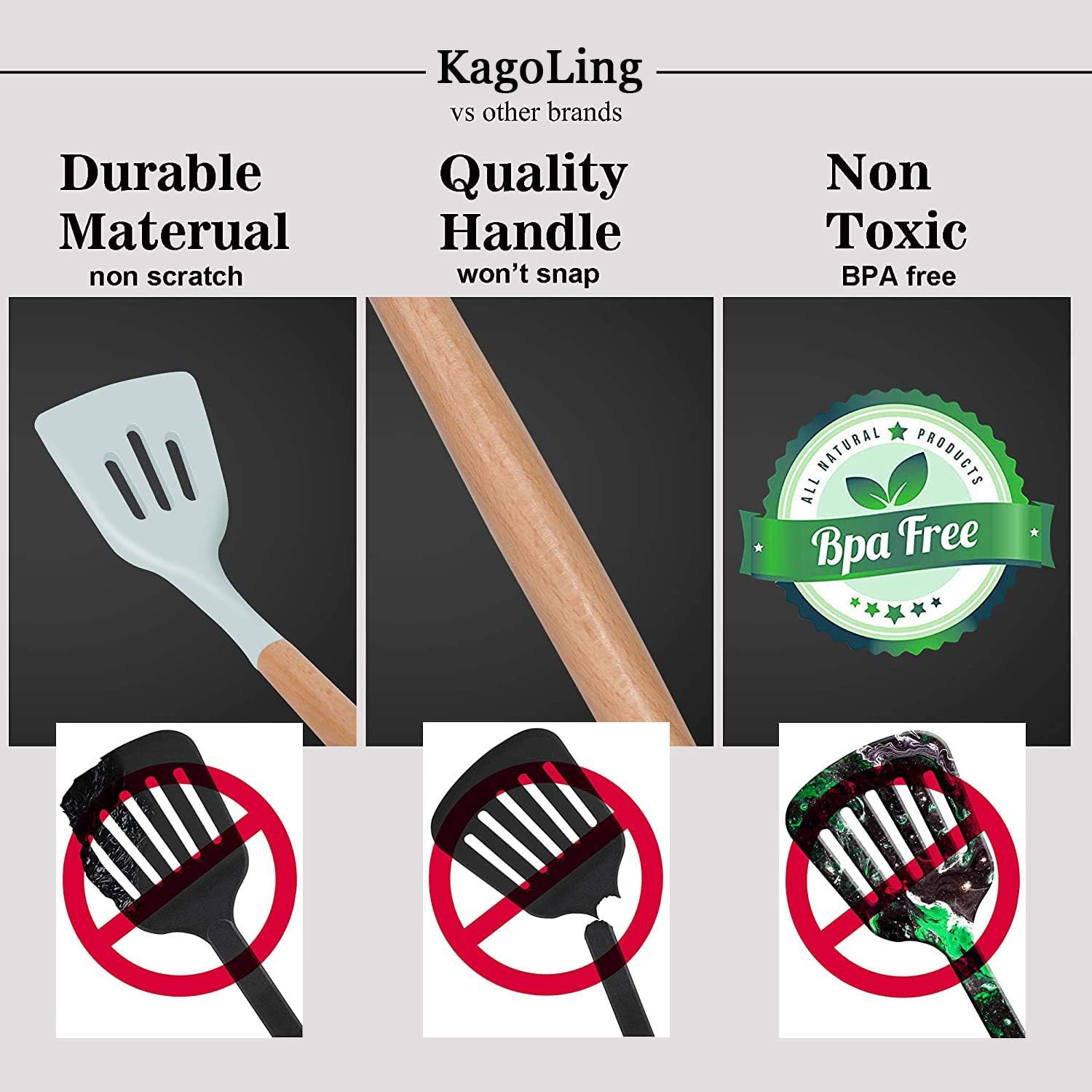 Kagoling Kitchen Utensil Set, Silicone Kitchen Utensils, Non-Stick Heat Resistant Kitchen Utensil Set with Wooden Handle, 12 Pieces, Kitchen Appliance Including Spoons, Tongs, Whisk, Spatula image number 1