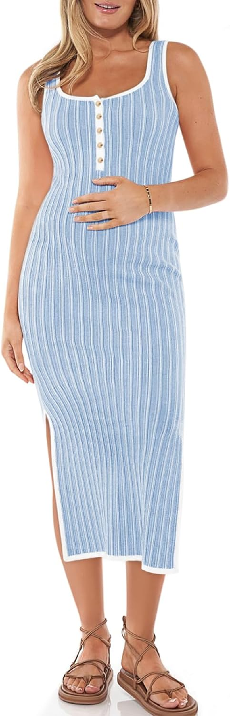 Summer Maternity Dress Rib Knit Sleeveless Button Bodycon Nursing Dresses Side Slit Stretchy Pregnancy Clothes