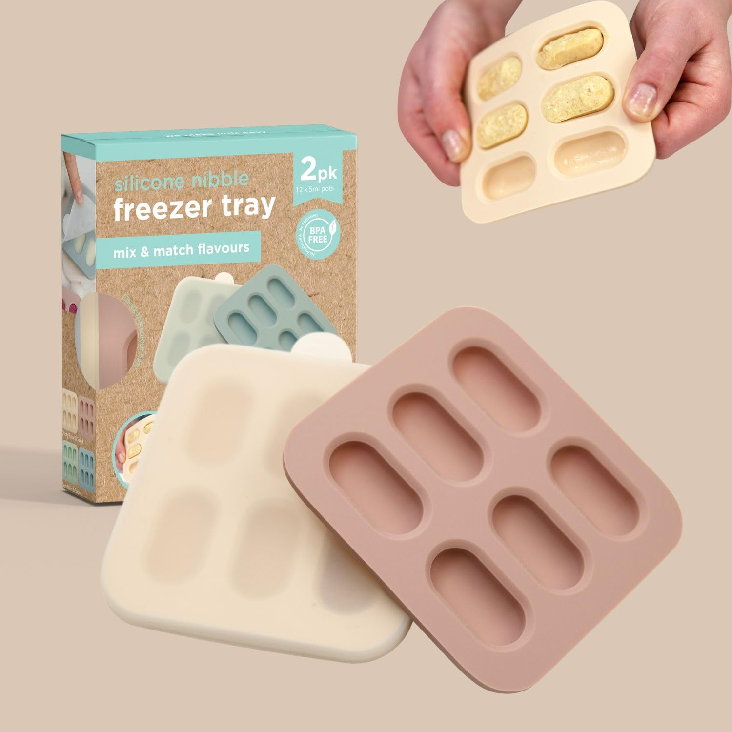 Cherub Baby Silicone Nibble Freezer Tray for Baby, Kids and Toddler - Ideal for Freezing Purees, Homemade Baby Food, Breast Milk and Ice Cubes - Dishwasher & Freezer Safe 2PK (Dusty Rose & Sand)