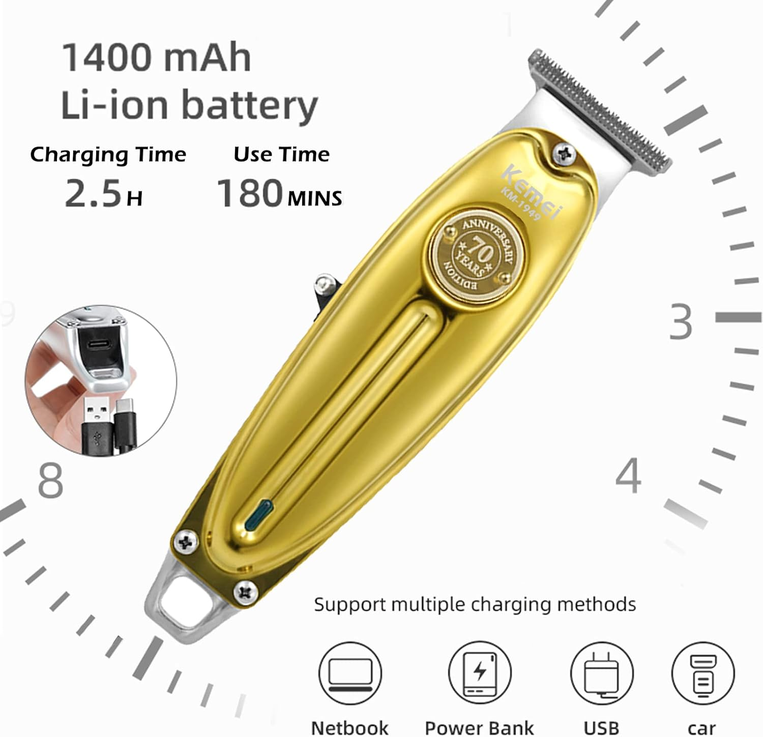 KEMEI 1949 Trimmer Professional Hair Clippers for Men Zero Gap Electric Cordless Beard/Hair Trimmer Rechargeable T-Blade Haircut Machine for Stylists and Barbers Grooming Kit, Gold image number 1