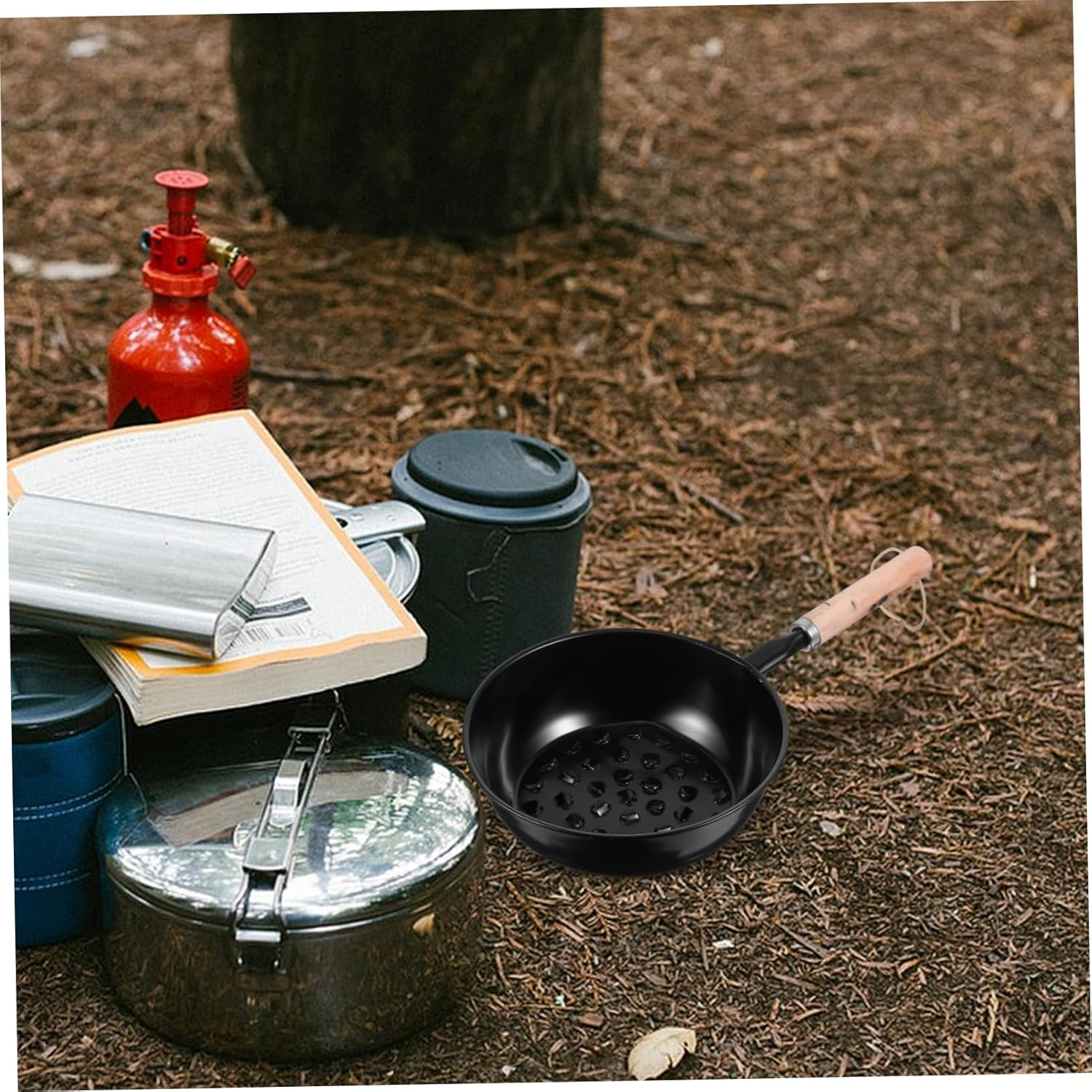 Camping Chimney Starter Pot with Long Wooden Handle Portable Charcoal Brazier for Outdoor Camping BBQ Grilling Easy Clean Chestnut Roasting Pan and Barbecue Tool image number 4