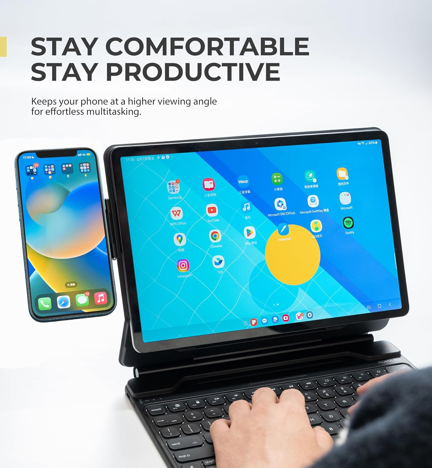 Dexnor Magnetic Phone Holder for Magic Keyboard, Compatible with Magsafe and Non-Magsafe Phone, Slim Portable Foldable Productivity Stand Mount for Ipad/Samsung Magnetic Keyboard Cases - Black image number 5