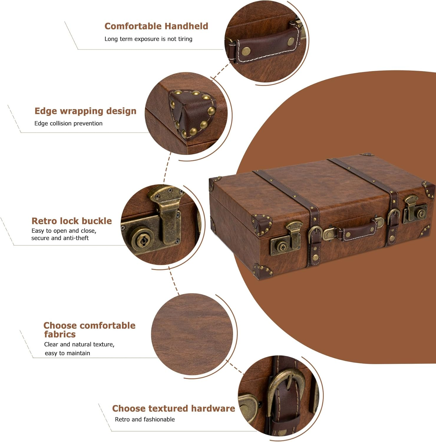 Feilario Vintage Leather Storage Trunk Small Portable Decorative Luggage Suitcase Movie Prop Luggage- 2 Size Option (Brown, S/L Set) image number 3
