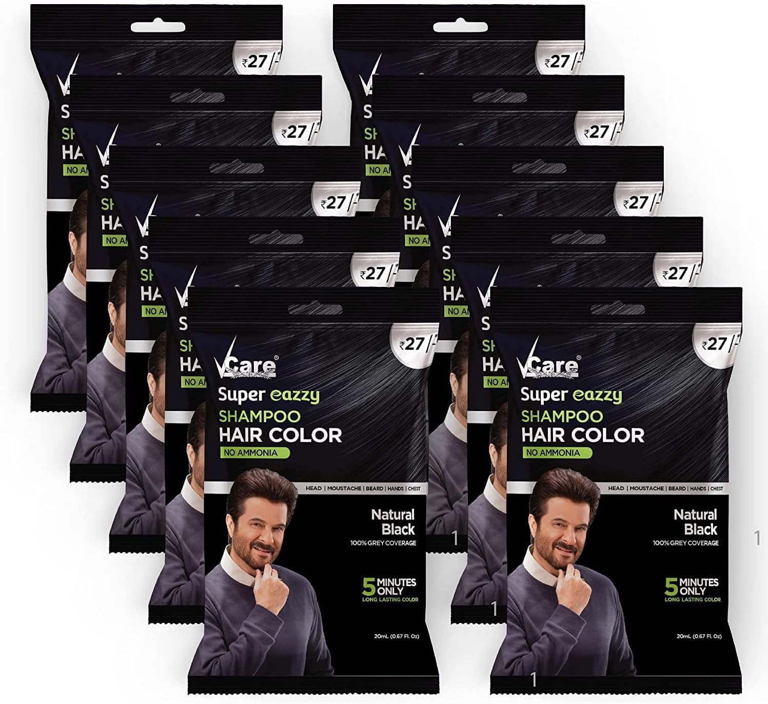 Vcare Super Eazzy Hair Colour Shampoo for Women and Men 20Ml | Only 5 Minute Root Hair Dye Coloring Kit Head, Moustache, Beard, Hands, Chest | No Parabens, Ammonia and Sulfates (Pack of 10, Black) image number 4