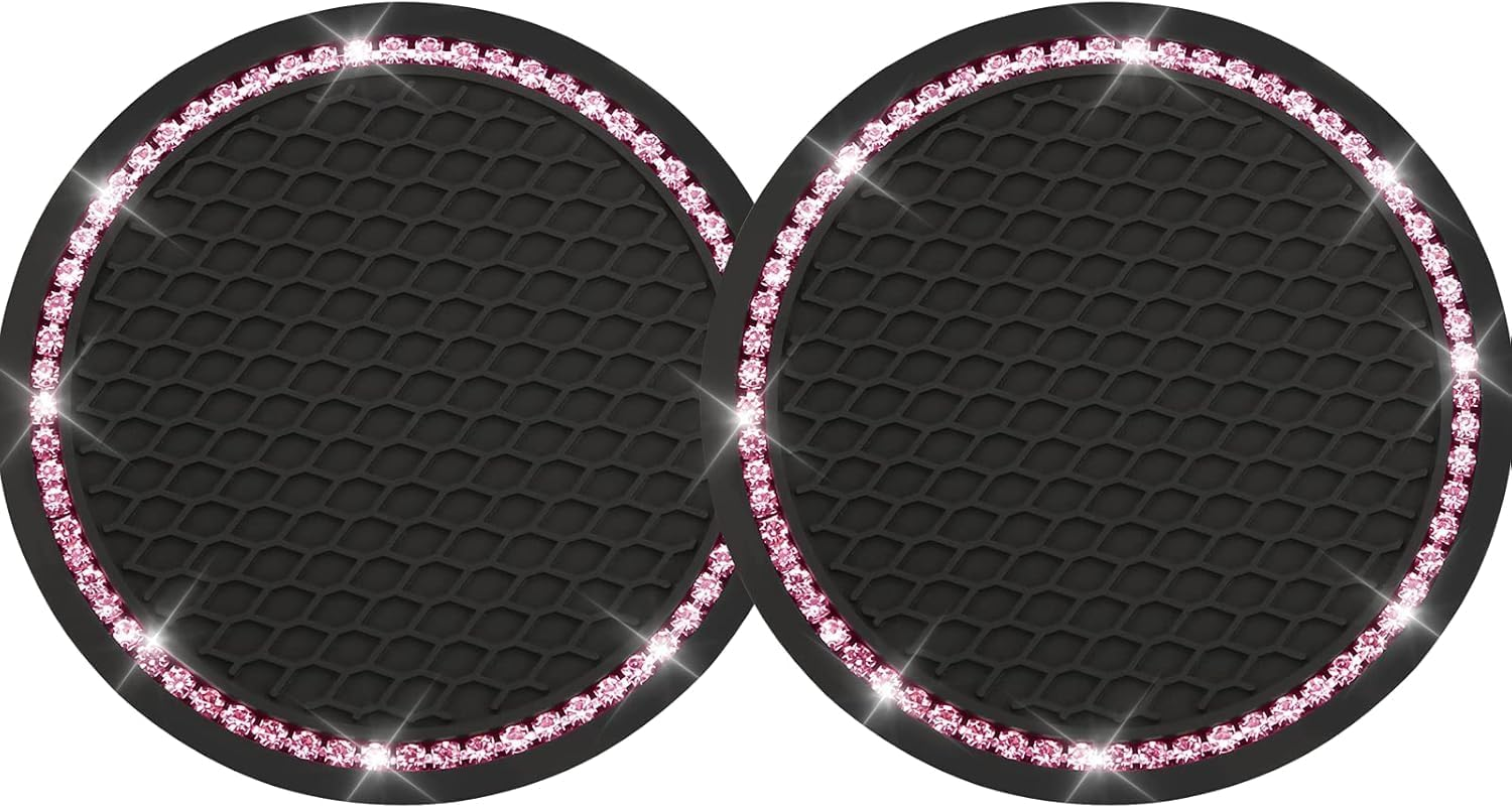 Bling Car Cup Coasters, Crystal Car Cup Holder Coasters, 2 Count, Pink, Silicone, Round