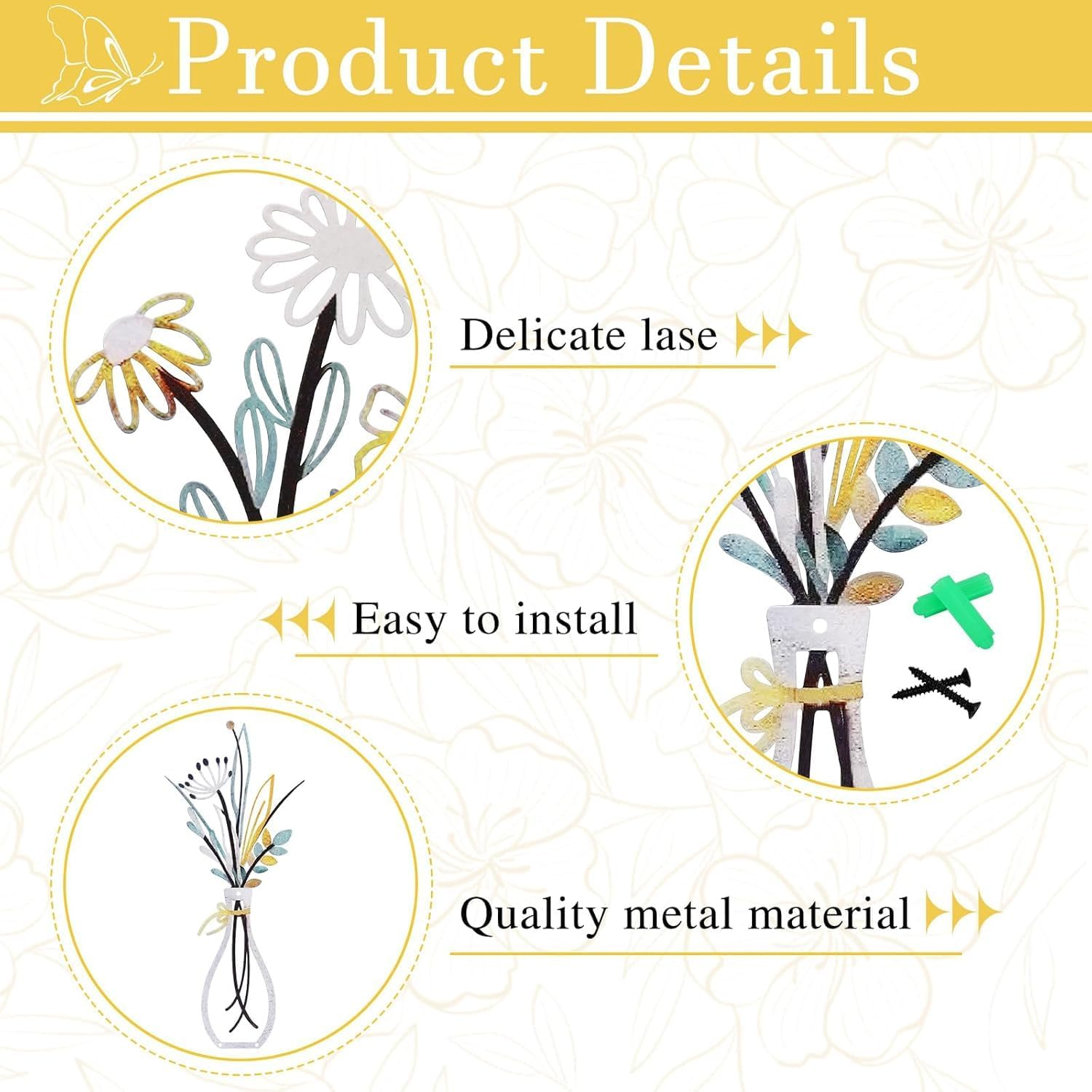 3 Pack Metal Flower Wall Art - Minimalist Beige Farmhouse Decor for Living Room, Bedroom, Bathroom & Dining Room | Housewarming Gift - Black image number 7