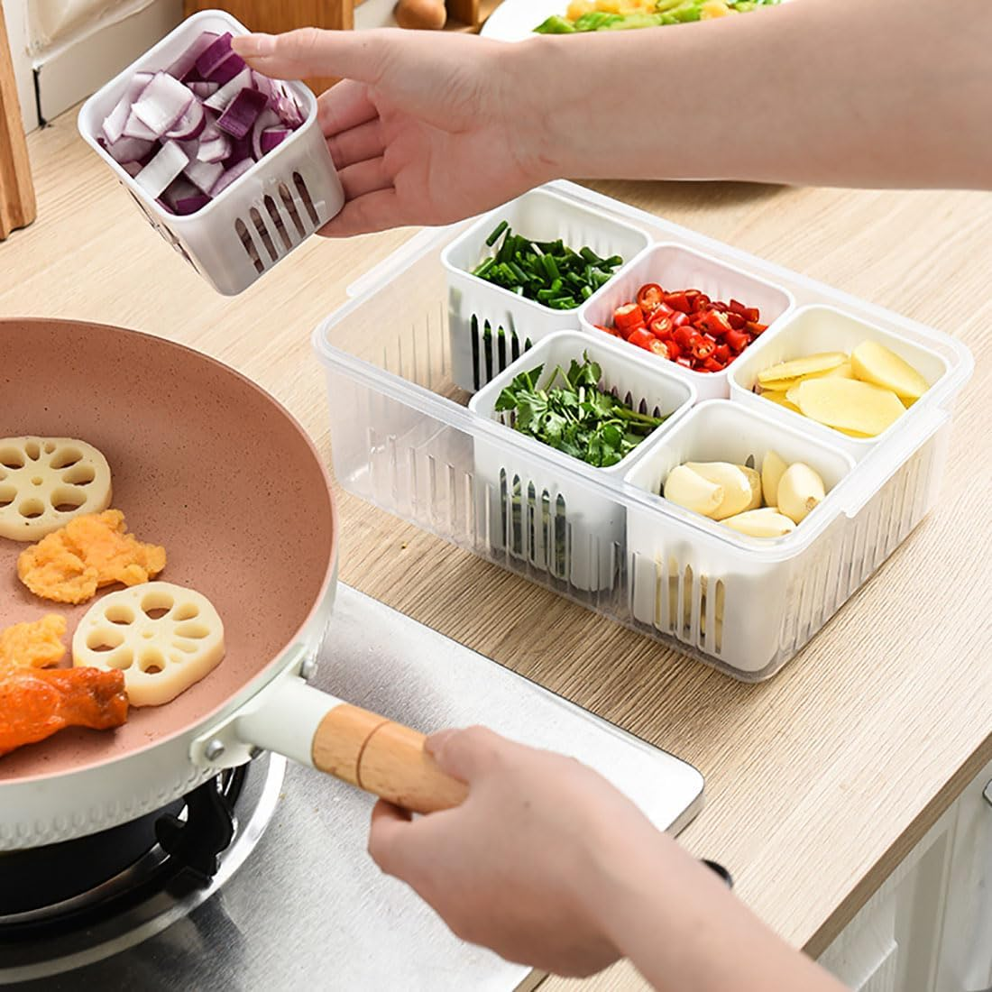 TXHFYKH Food Storage Containers with Lids Airtight, Kitchen and Pantry Organisation, Fresh Food Storage Containers, 6 Pcs Detachable Drain Basket Vegetables Sealed Keeper for Ginger Garlic Onion image number 2
