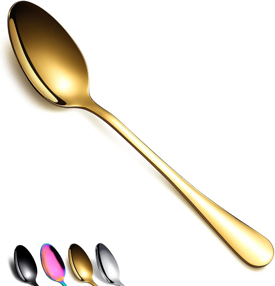 Berglander Gold Dinner Spoon of 4, 7.5 Stainless Steel Titanium Plating Shiny Gold Soup Spoons Silverware, Golden Soup Spoon Table Spoon Set Sturdy Easy to Clean, Dishwasher Safe