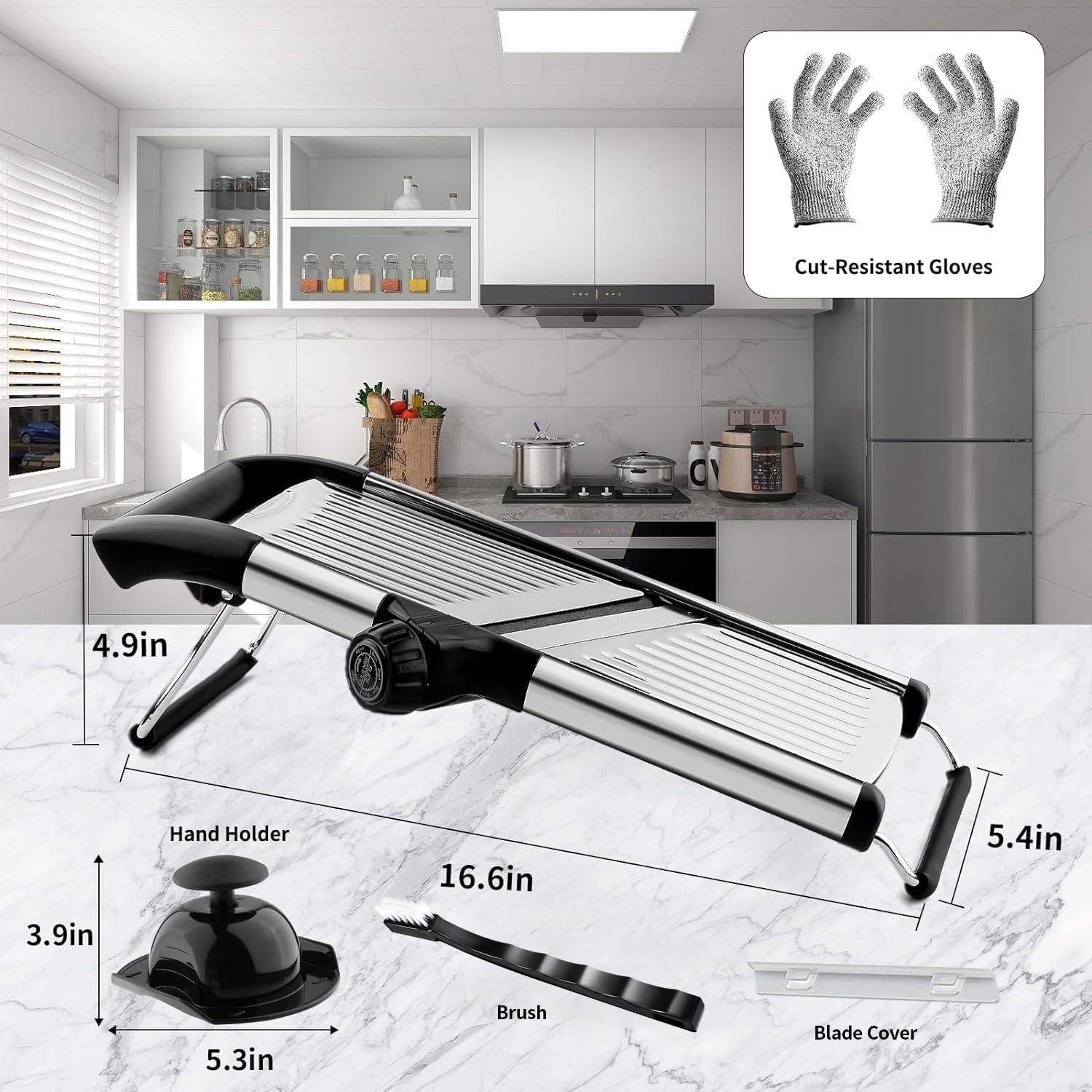 VEKAYA Mandoline Slicer,Mandoline Food Slicer for Kitchen,Mandolin,Potato Slicer,Vegetable Chopper,Adjustable Stainless Steel Veggie Onion Tomato Julienne Cutter with Cut-Resistant Gloves - Silver image number 2