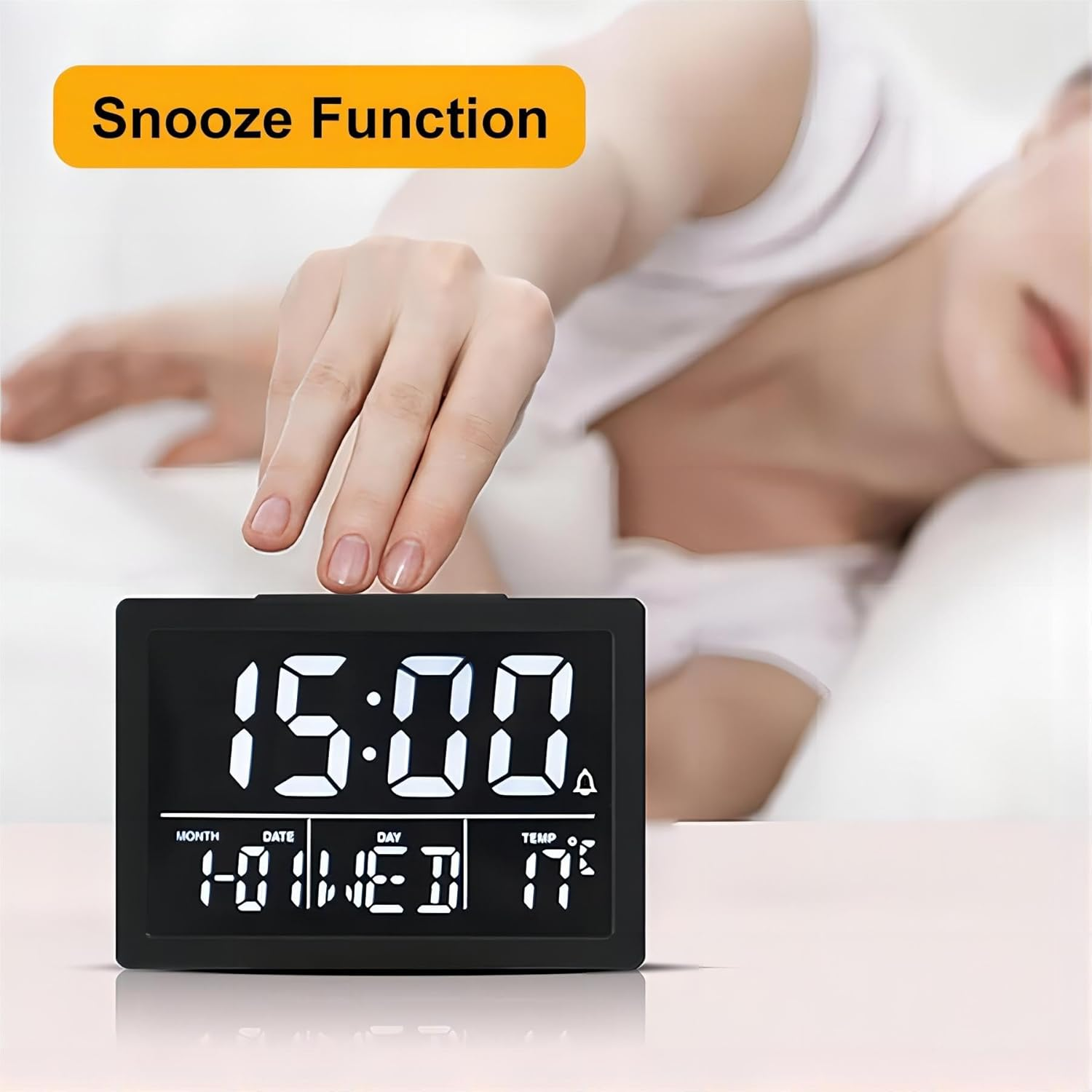 Lancoon Digital Alarm Clock, 13CM LCD Screen Time Date Week Temperature Display 12/24H Snooze Function 6 Adjustable Brightness 8 Ringtones for Home Office Bedroom Living Room (White) image number 3