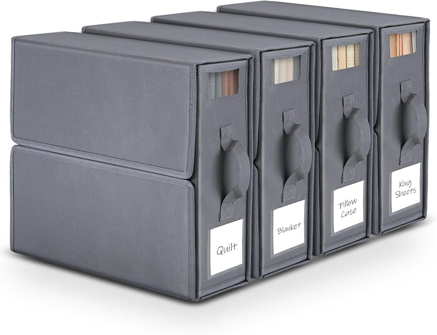 BDZBREN Bed Sheet Organizer and Storage 4 Pack (Queen or King Size), Linen Closet Organizer, Foldable Bedding Container for Duvet Cover Set, Clothes, Blankets and Pillow Cases, Dark Gray (Grey)