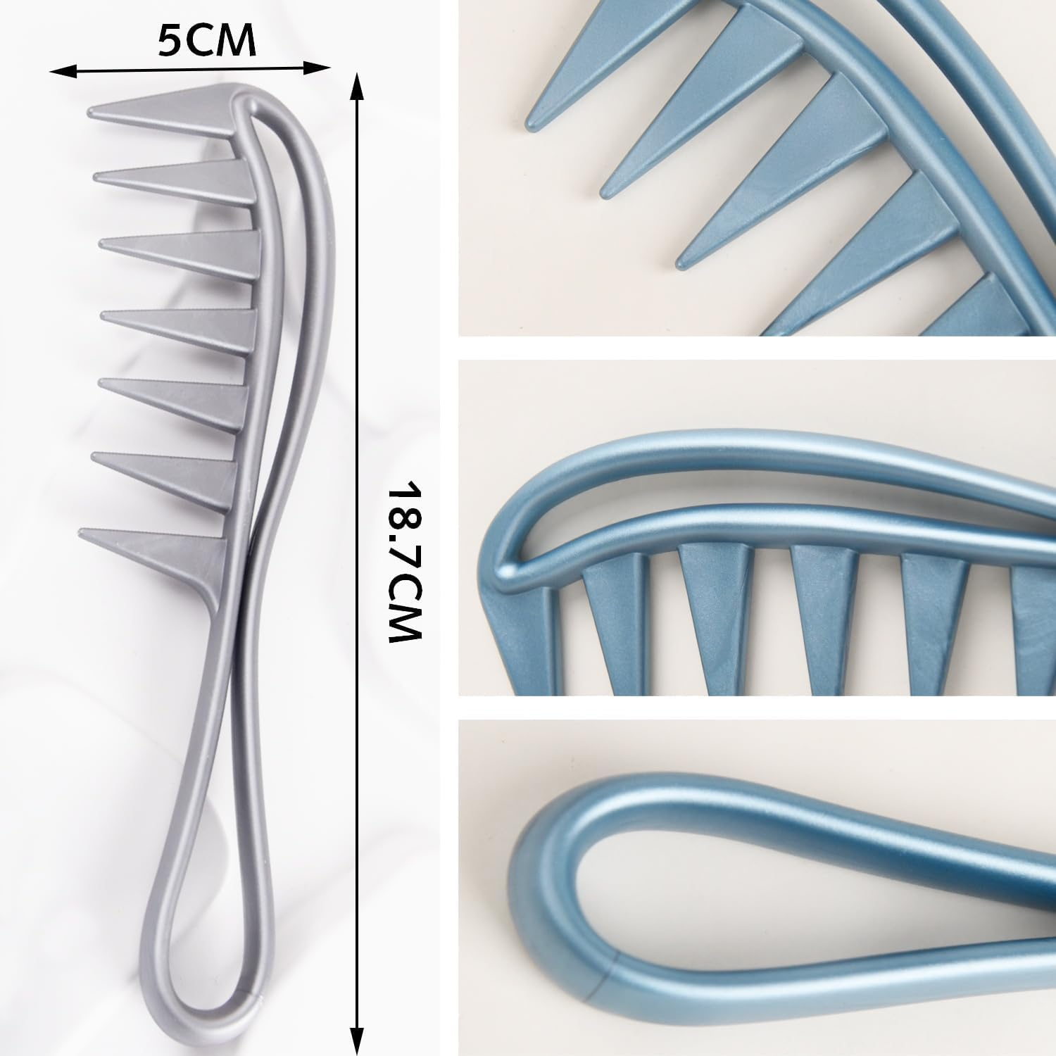 2 Pieces Coarse Tooth Comb, Wide Tooth Combs with Shark Tooth Design, Durable Plastic Curling Comb, Hairdressing Tool with Coarse Comb Structure for Curly, Wet, Wavy Hair and Wigs (Blue, Gra) image number 2