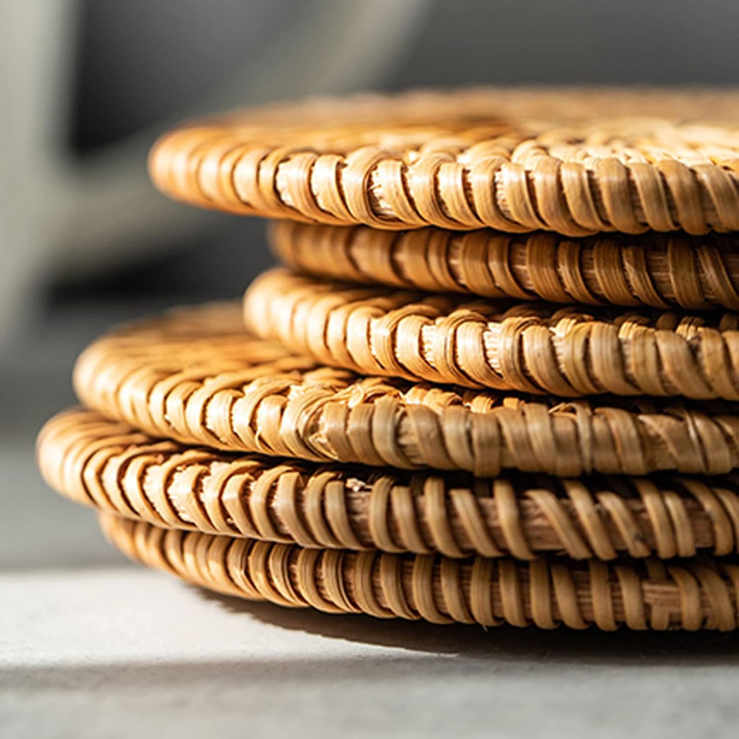 Handmade round Rattan Drink Coaster Set of 6 with Holder-4" in Diameter-Rustic Style to Dinning Room or Living Room image number 3