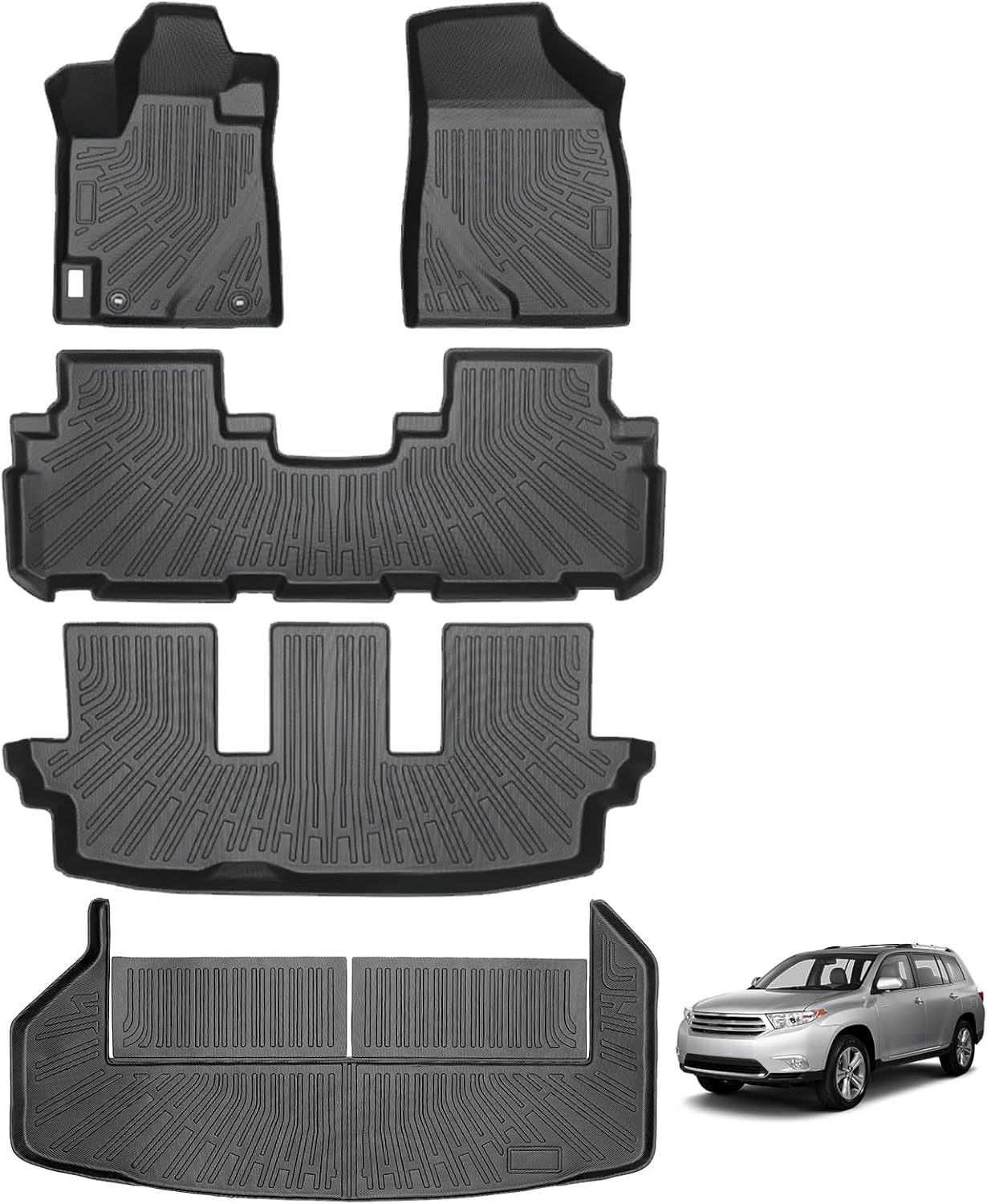 Floor Mats for Toyota Highlander 2008-2013 Non Hybrid, All Weather TPE Floor Liners, 3D Waterproof Custom Fit Car Accessories, 1St & 2Nd & 3Rd Row & Trunk Mat, Anti-Slip Mat Full Set image number 2
