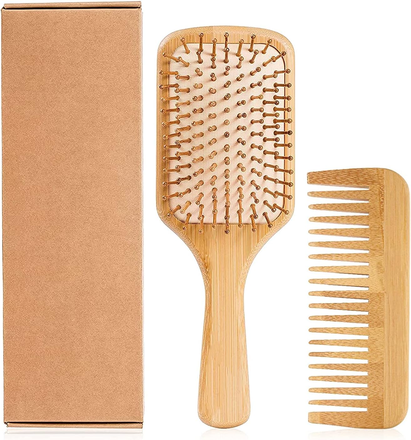 Hair Brush-Natural Wooden Bamboo Detangler Paddle Brush and Comb Set Eco Friendly Hairbrush for Women Men and Kids Thin Long Curly Hair Types and Massage Scalp(2Pcs) image number 4