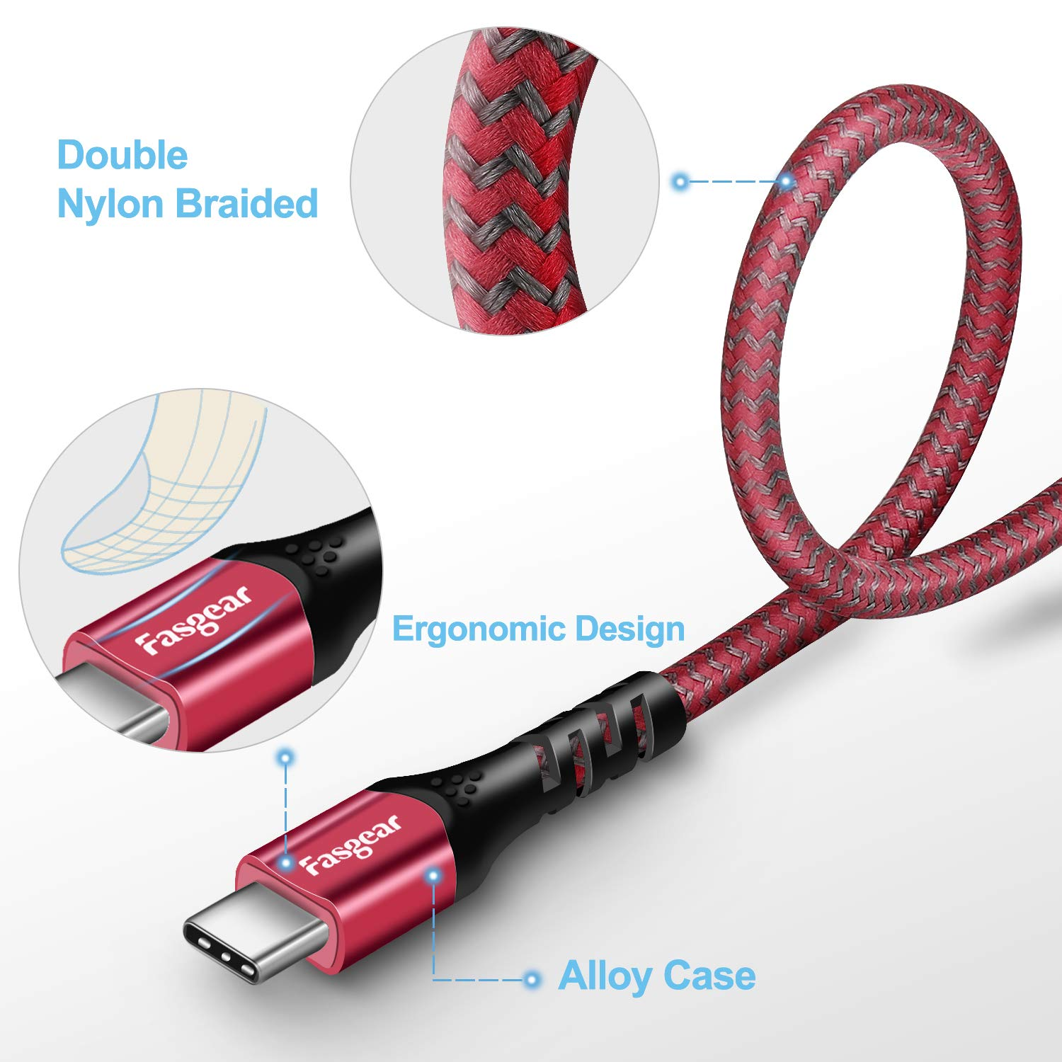 Fasgear USB C to USB C Cable 3Ft 20V/5A PD Fast Charging and Data Sync Nylon Braided Type-C to Type C Cable Compatible with I-Pad Pro 2022 Mac-Book Pro, I-Phone 15 Galaxy S24 Note 20 Switch (1M,Red) - Black image number 6