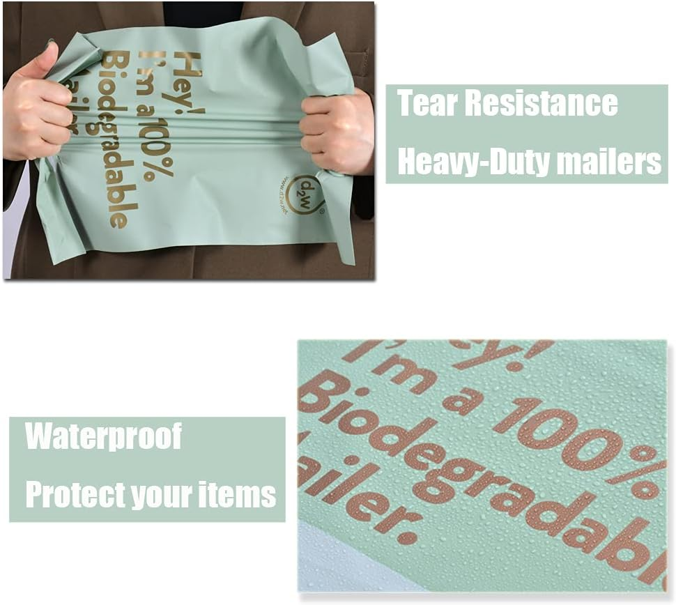 10X13 Inches 100% Biodegradable D2W Poly Mailers with Handle, 50Pcs Mint Compostable Envelopes Shipping Bags, Eco Friendly Waterproof Stretchable Self Sealing Mailing Bags