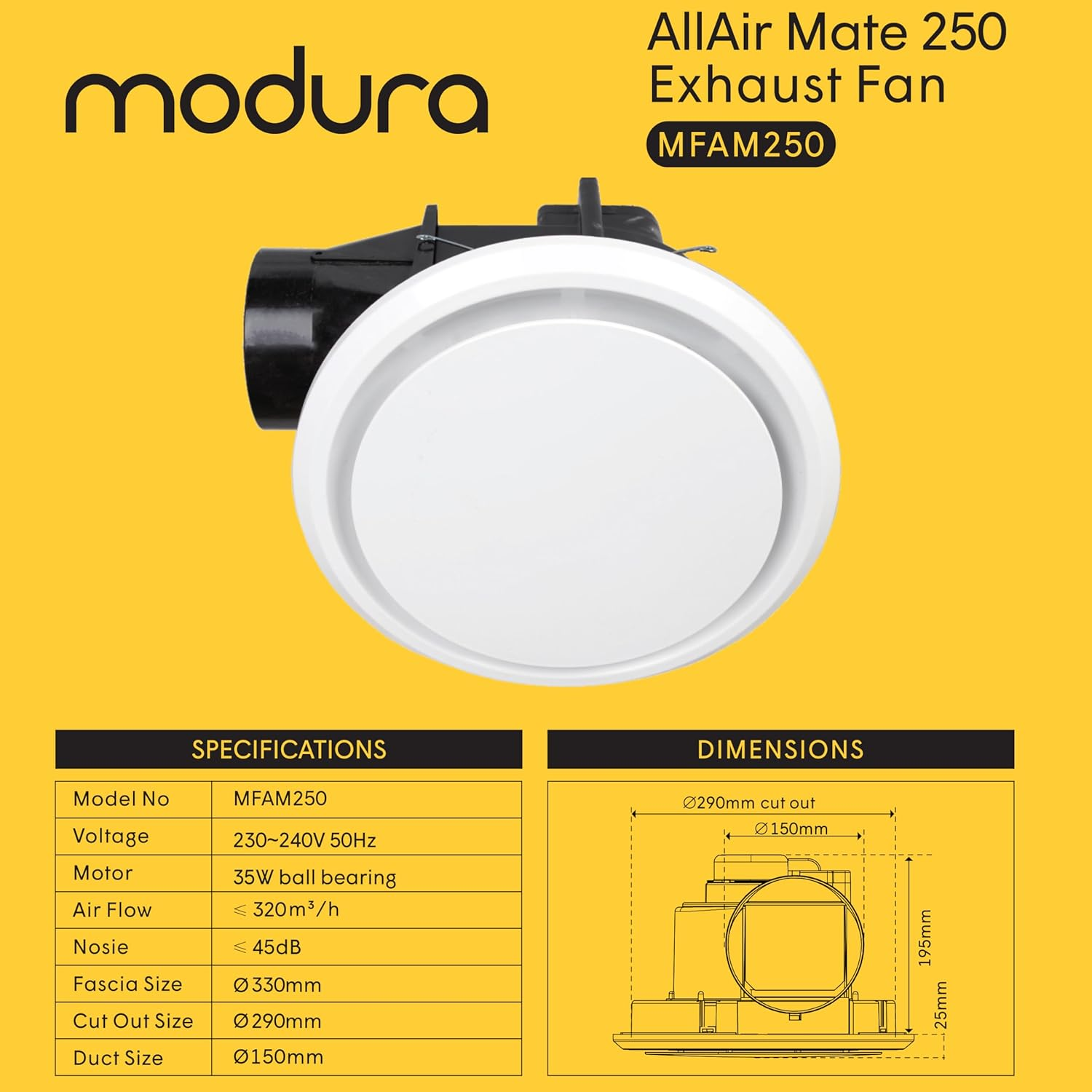 Modura Allair Mate 250Mm / Allair Mate 200Mm round Ceiling Mounted Exhaust Fan Bathroom Toilet Kitchen (Cut Out Siz &Oslash;290Mm)