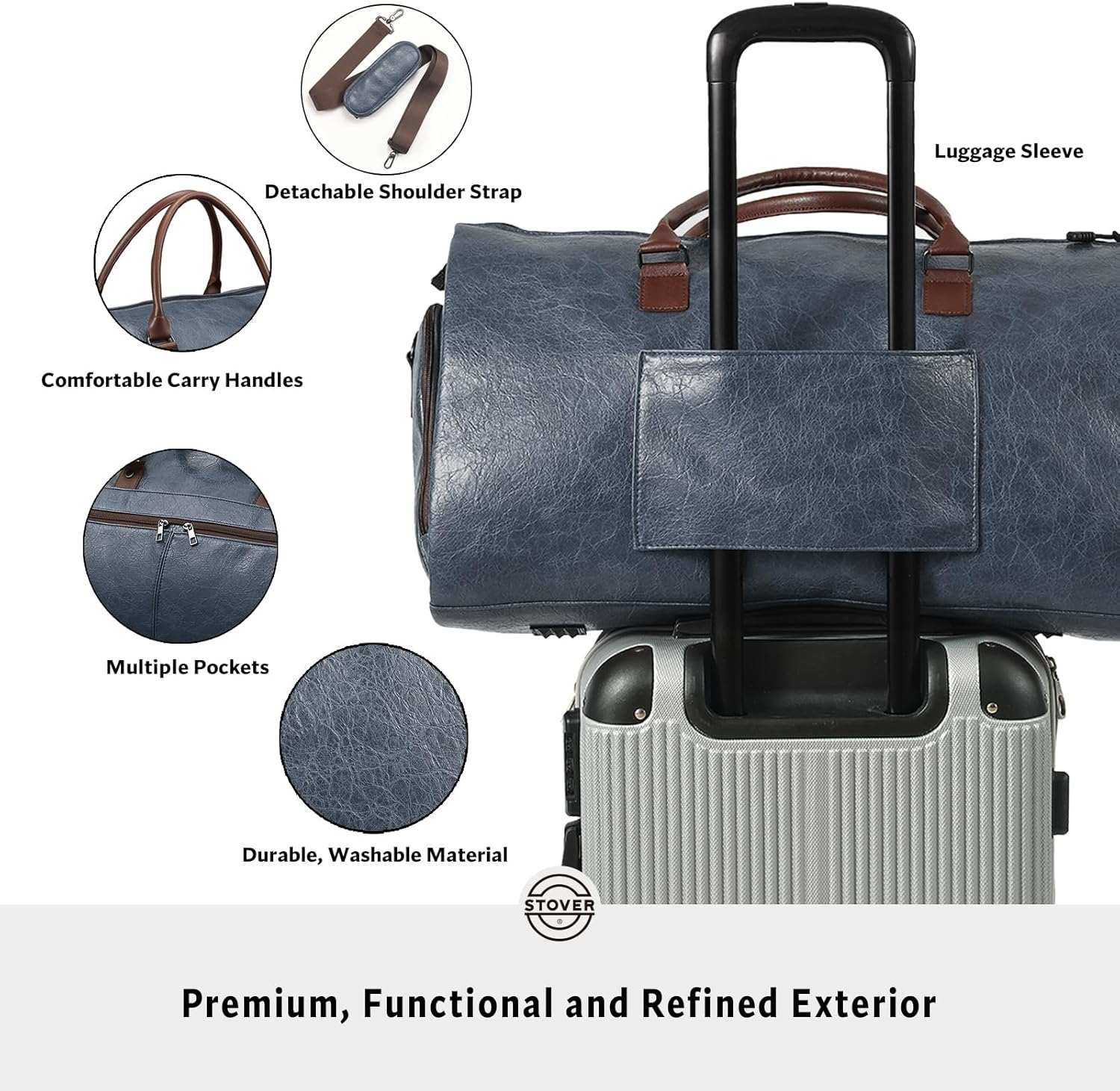 STOVER Garment Travel Duffle Bag, Large 2-In-1 Convertible Carry-On Luggage for Men & Women- Hanging Suits, Dresses & Clothes + Shoe Compartment- Weekender Tote Combo Duffel, Blue - Blue image number 3