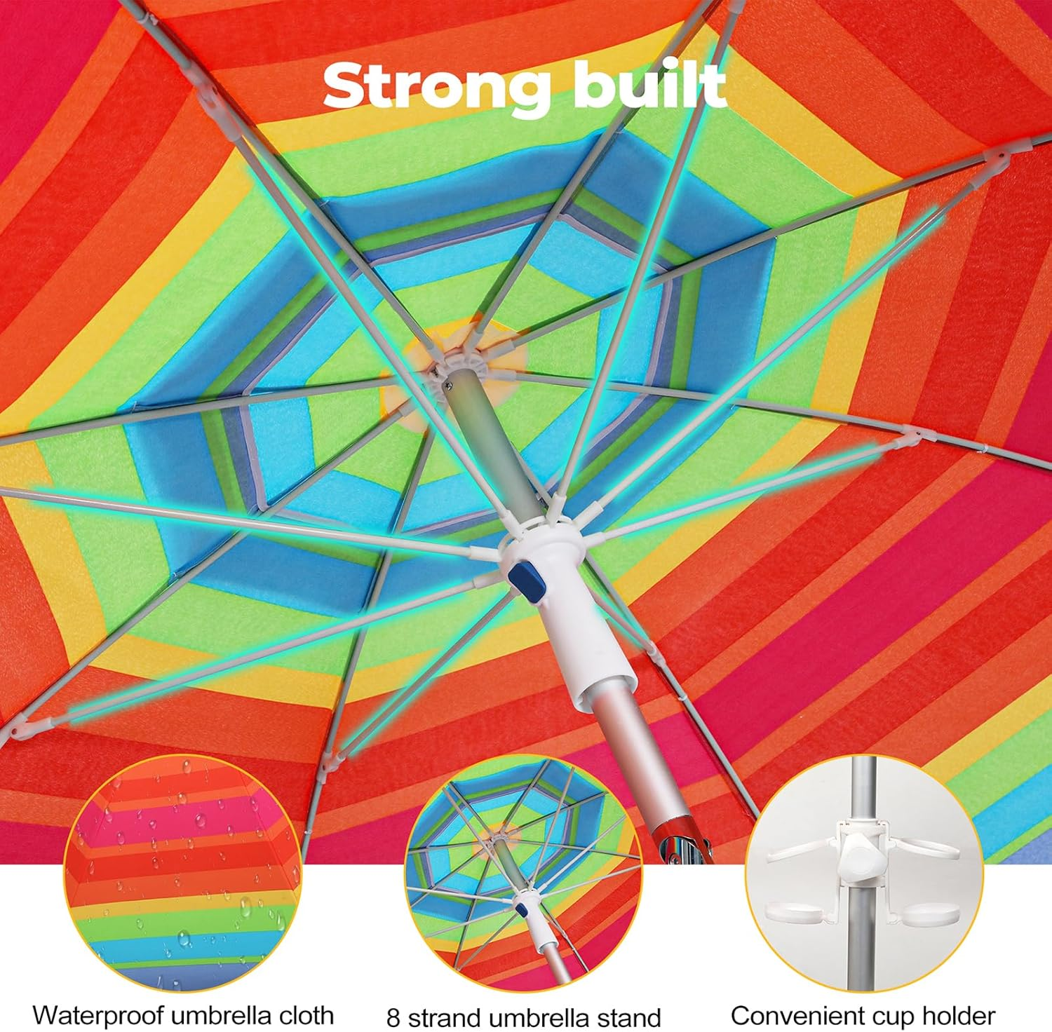 2M/2.2M Sand Beach Umbrella, Heavy Duty High Wind Parasols with Sand Anchor & Tilt Sun Shelter, UV 50+ Protection Outdoor Sunshade Umbrella with Carry Bag for Patio Garden Beach Pool Backyard Stripe image number 7