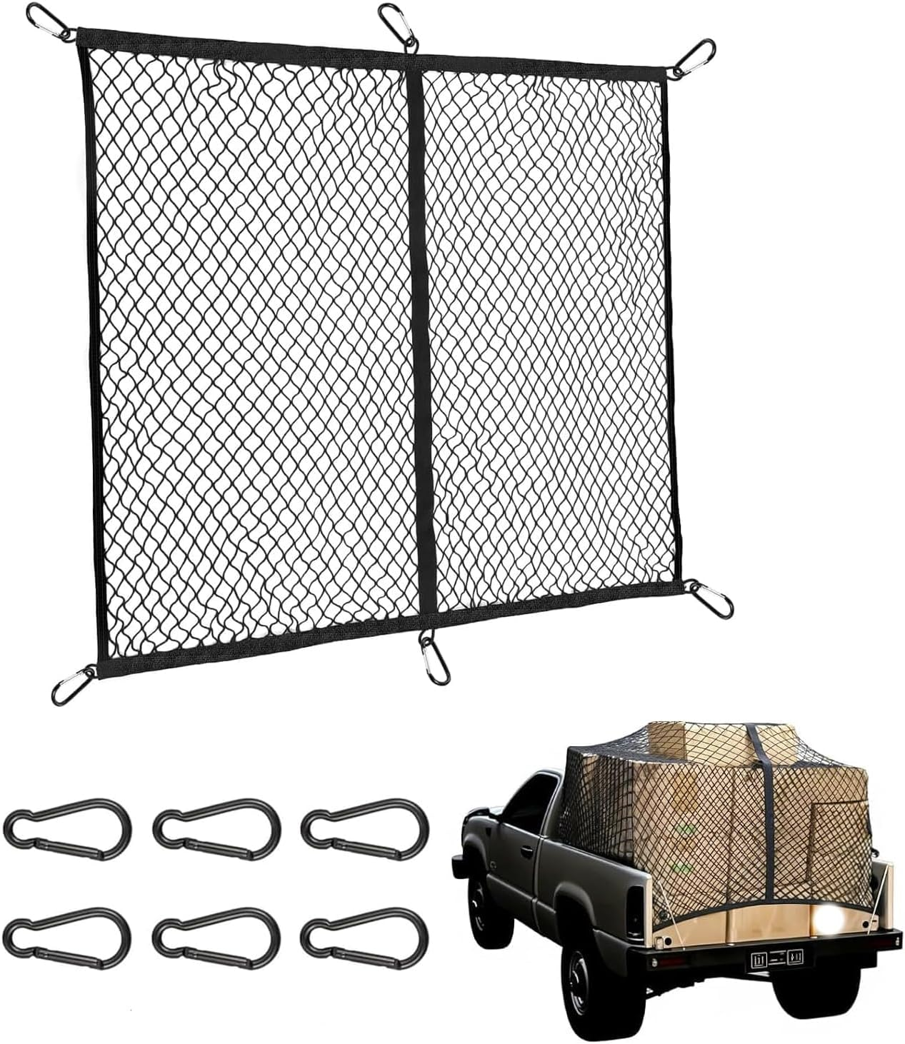 Truck Cargo Net, Heavy Duty Universal Elastic Truck Bed Cargo Net with 6 Metal Hooks, Adjustable Highly Elastic Storage Mesh Organizer for Car, Pickup Trailer, SUV, Boat, 4X4 FT Expands to 8X8 FT image number 6