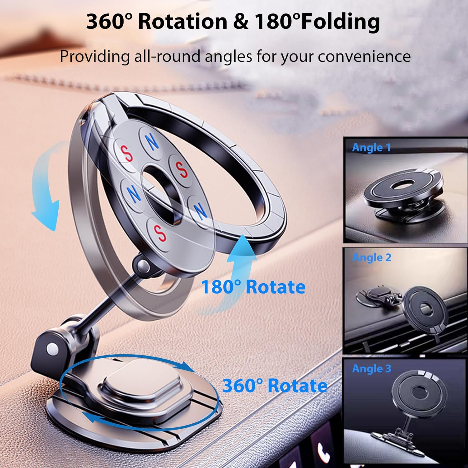 RUNGOS Double Strong Magnet for Magsafe Car Mount [360&deg;Flexible Rotation] [Super Stable Widened Base] Collapsible Magnetic Car Mount Phone Holder for Steering Wheel Dashboard, Mobile Phone Accessories image number 2