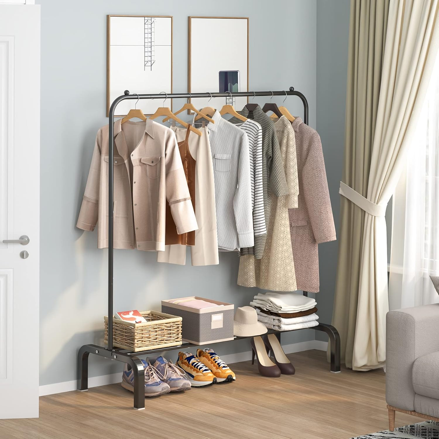 Clothes Rack Metal Clothing Rack with Bottom Shelf Garment Rack for Hanging Clothes Shirts Jeans and Coats Black image number 1