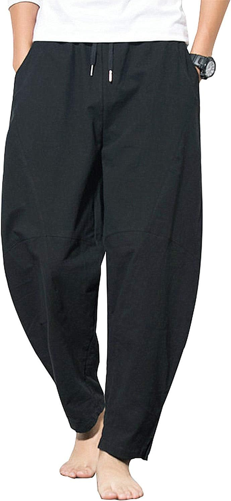 AITFINEISM Men'S Casual Linen Cotton Pants Comfy Loose Fit Elastic Waist Wide Leg Trousers
