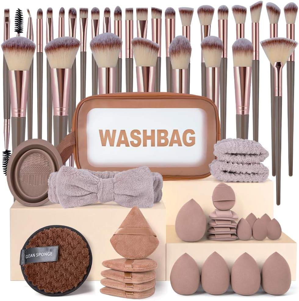 Slowton 56 PCS Makeup Brushes Set, Professional Makeup Kit with 30 Makeup Brushes, 10 Powder Puffs & 10 Sponges, Foundation Concealer Eyeshadow Brush Kit (Brown) image number 4