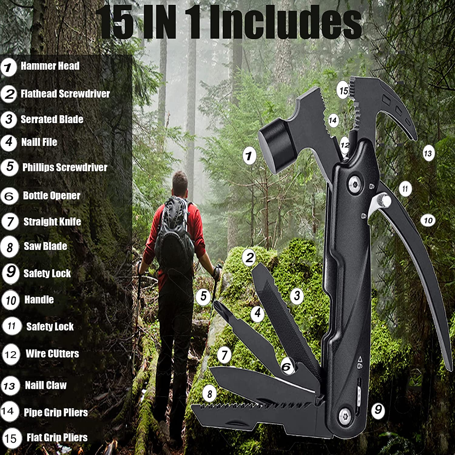 15-In-1 Multitool Hammer Black 18 in 1 Snowflake Multi Tool, Camping Accessories Survival Gear, Dad Husband Grandpa Men Cool Gadget Stocking Stuffers Gift, Christmas Birthday Father'Day Gift image number 5