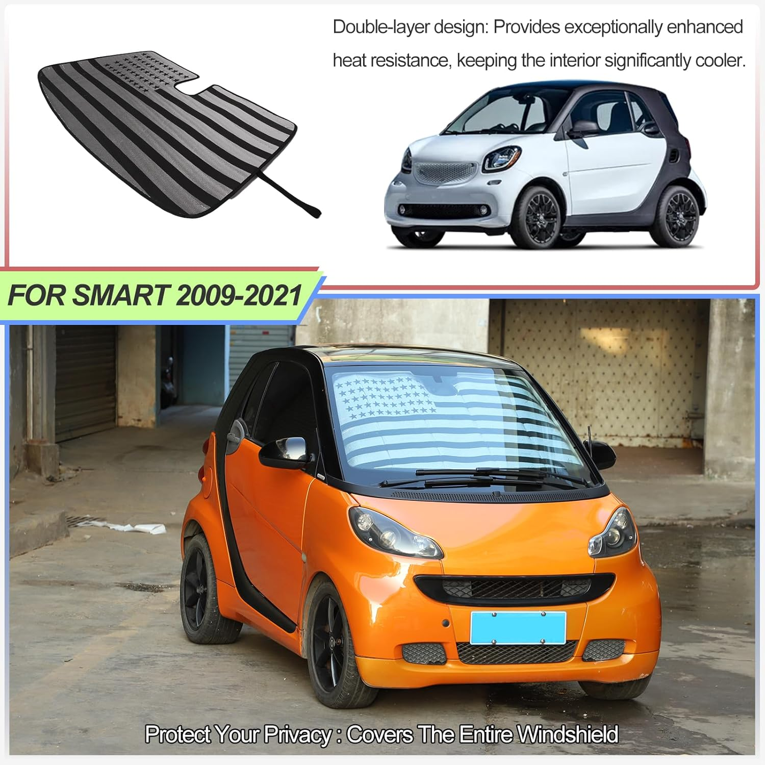 Windshield Sunshade for Benz Smart Fortwo Forfour 453 451 450 2009-2021 Front Window Sun Shade Foldable Reflective Sun Visor Custom Sunscreen UV Blocker Privacy Protector Heatshield (Black) - For Audi Q7 2020-2023 image number 6