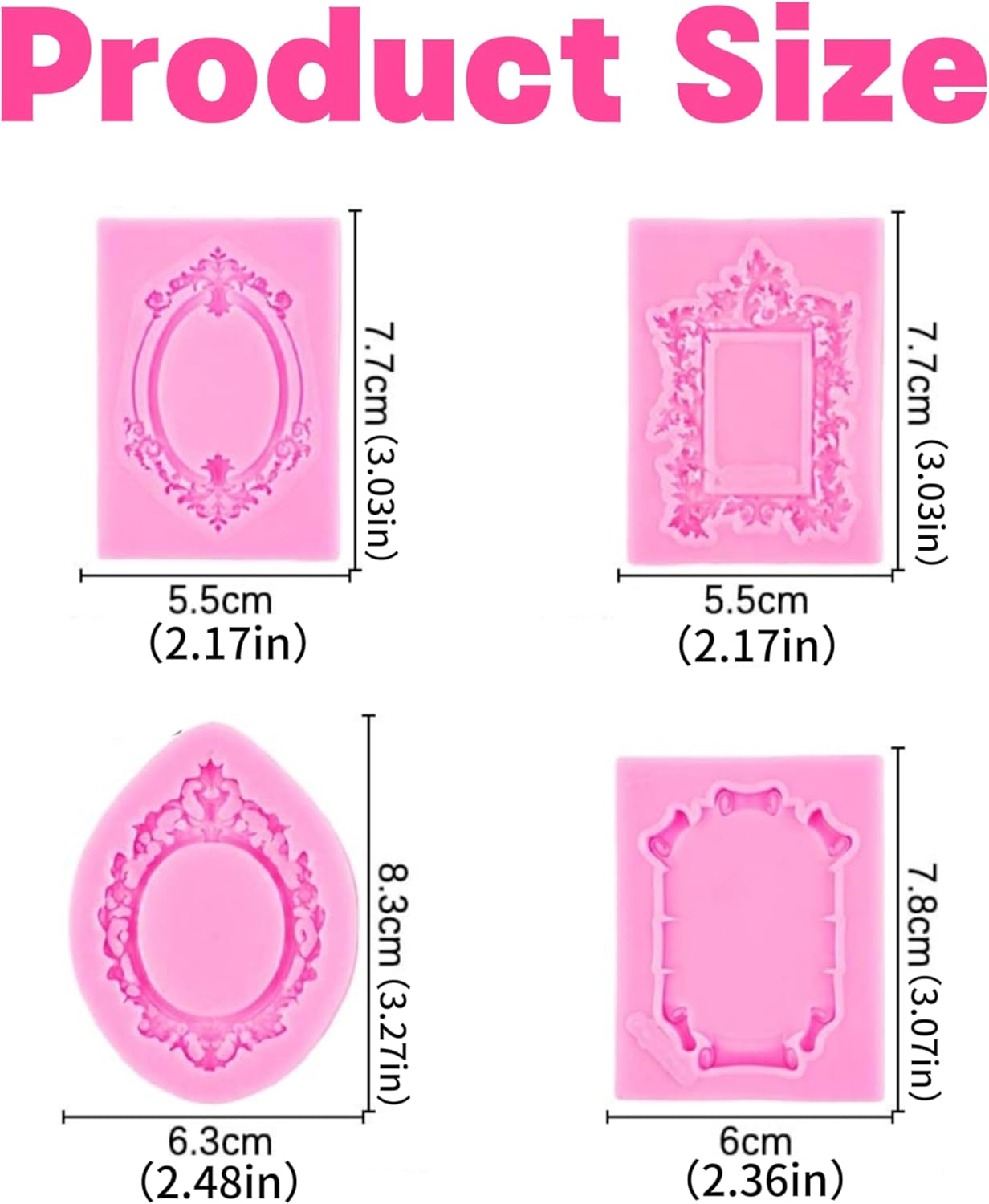 4Pcs Pink Silicone Photo Frame Fondant Molds,Baroque Style Curlicues Scroll Lace Photo Frame Fondant Molds,Mirror Silicone Molds Cupcake Topper Mirror Photo Frame Fondant Mold for Cake Decorating image number 3