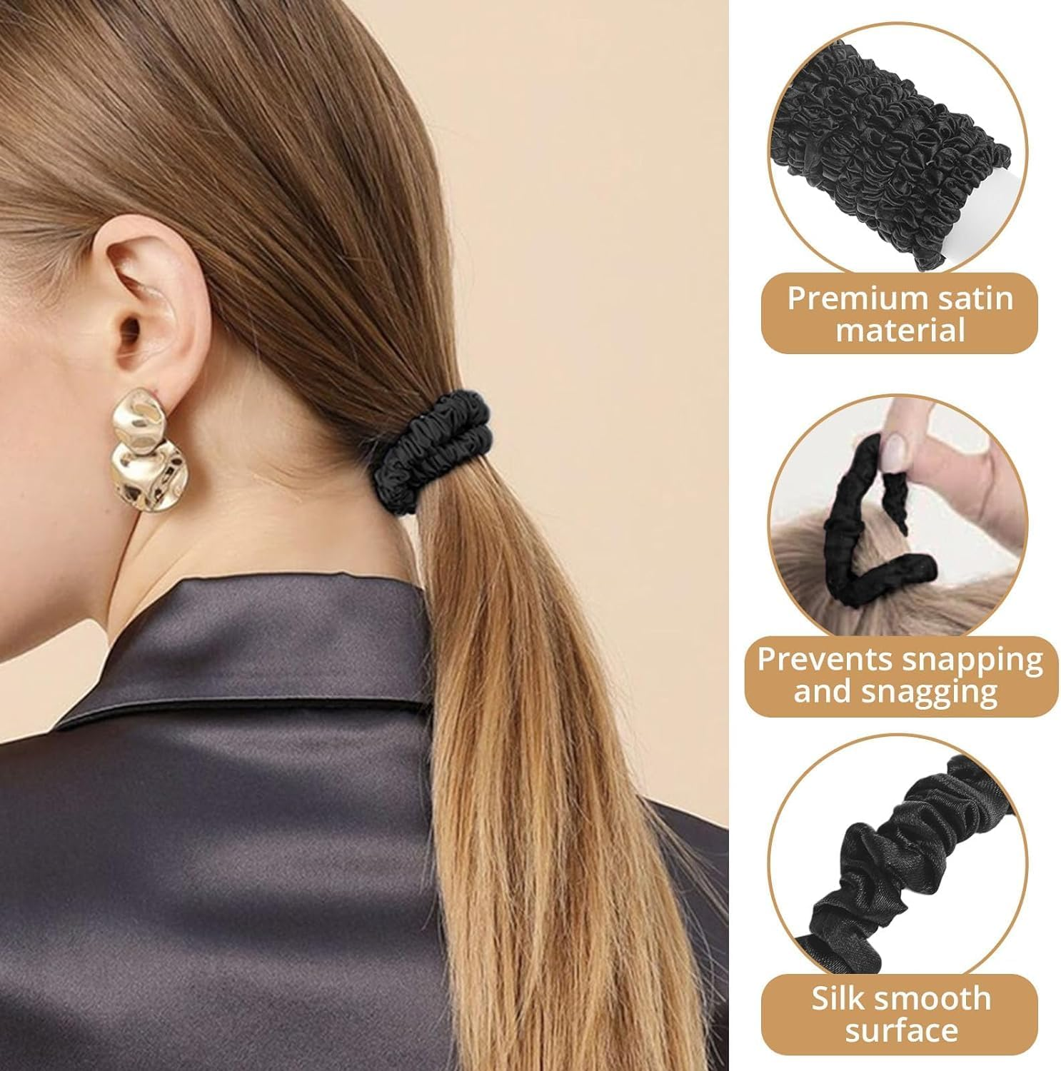 12Pcs Black Satin Scrunchies Hair Ties Bands for Woman Girls, Skinny Silk Satin Hair Scrunchies, Small Ponytail Holders No Damage Breakage for Thin/Thick Curly Long Fine Hair image number 5