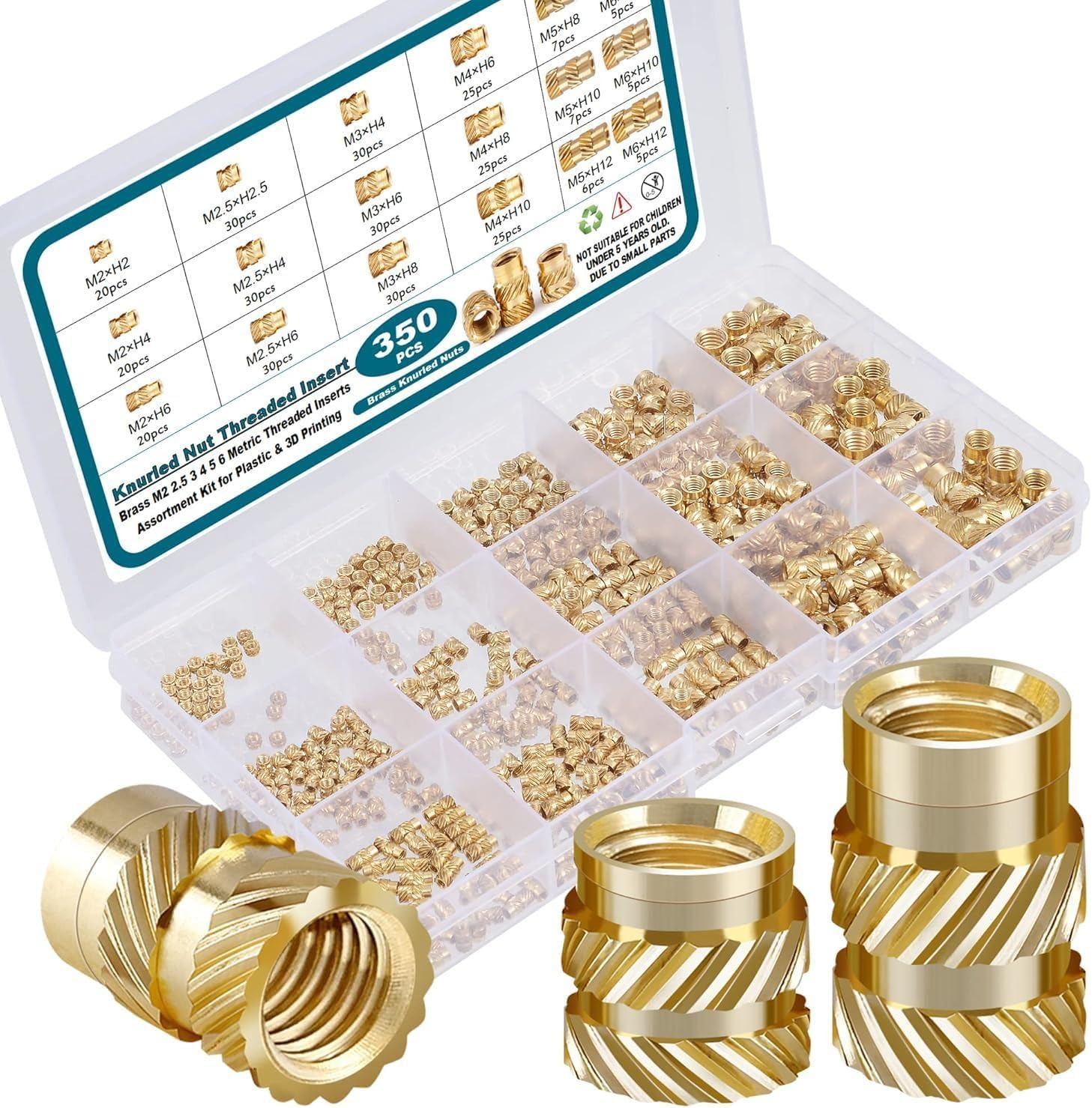 350Pcs Threaded Inserts, M2 M2.5 M3 M4 M5 M6 Brass Heat Set Insert Female Thread Metric Knurled Nuts Assortment Kit, Embedment Nuts for Plastic and 3D Printing Components Molding Assortment Kit image number 4
