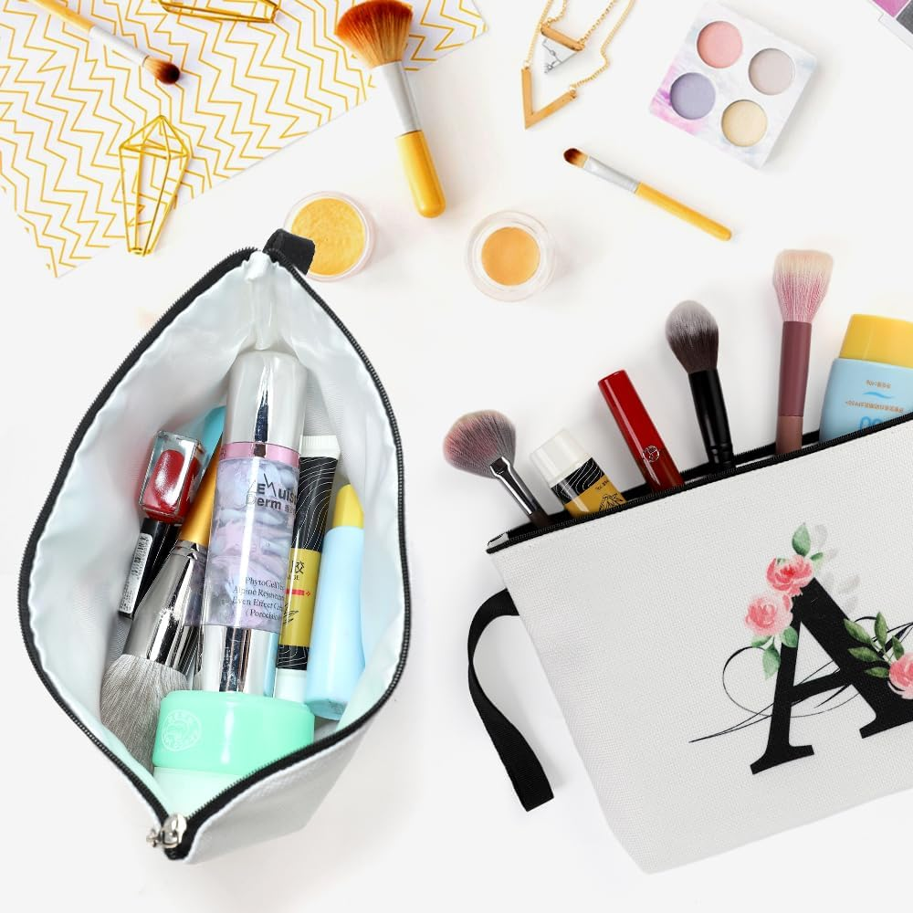 Blisswave Personalised Make up Bag, Sweet and Beautiful Pink Flowers, A-Z Initial Make up Bag, Elegant Silk Lining, Sturdy Metal Zipper, Personalized Gift for Girls and Women, M image number 2