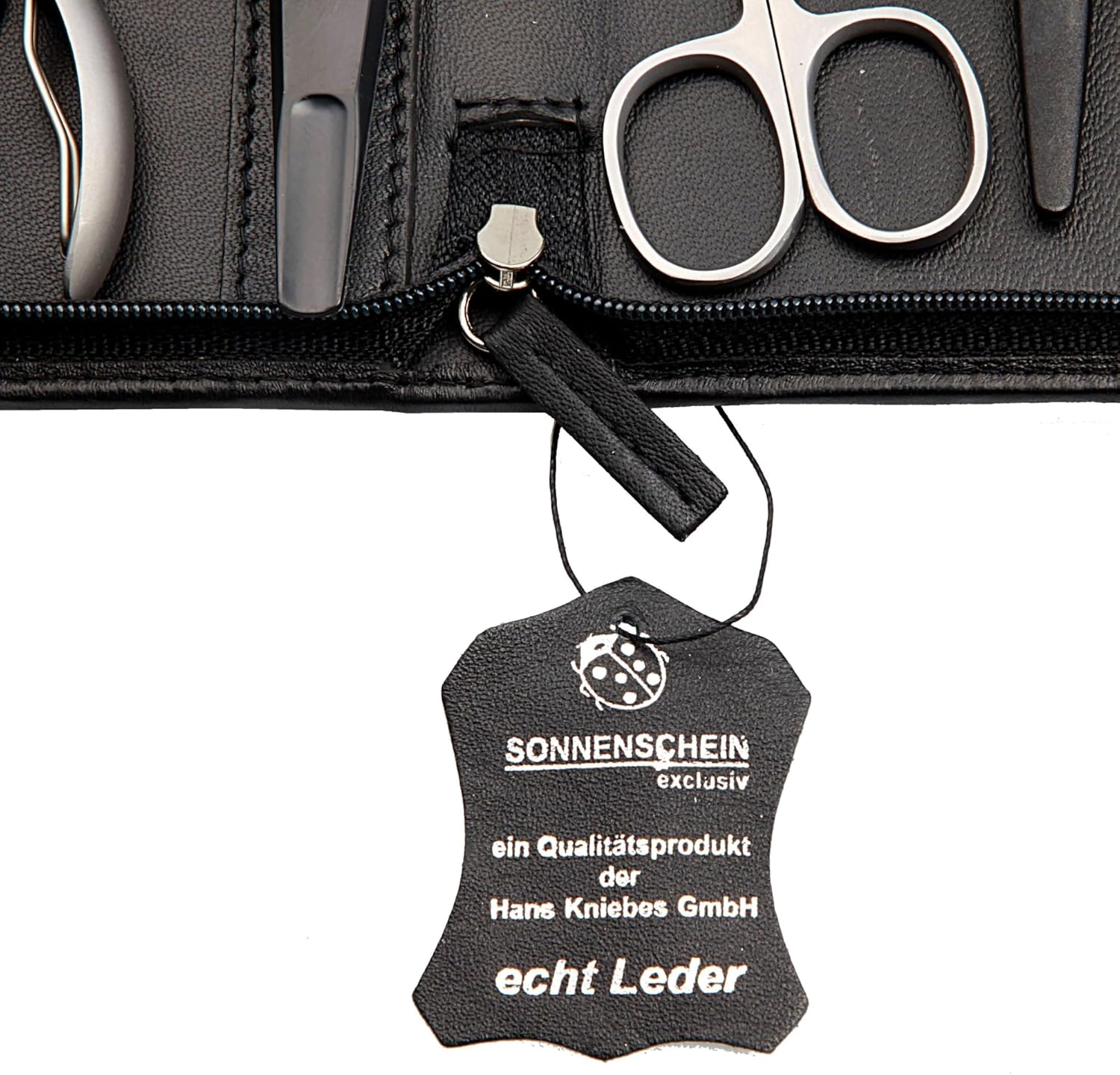 Sonnenschein by Hans Kniebes - Manicure Case, Zip: 9 Pieces, Stainless Steel Matt Finish, Nappa Lambskin Leather, Black - Bordeaux image number 1