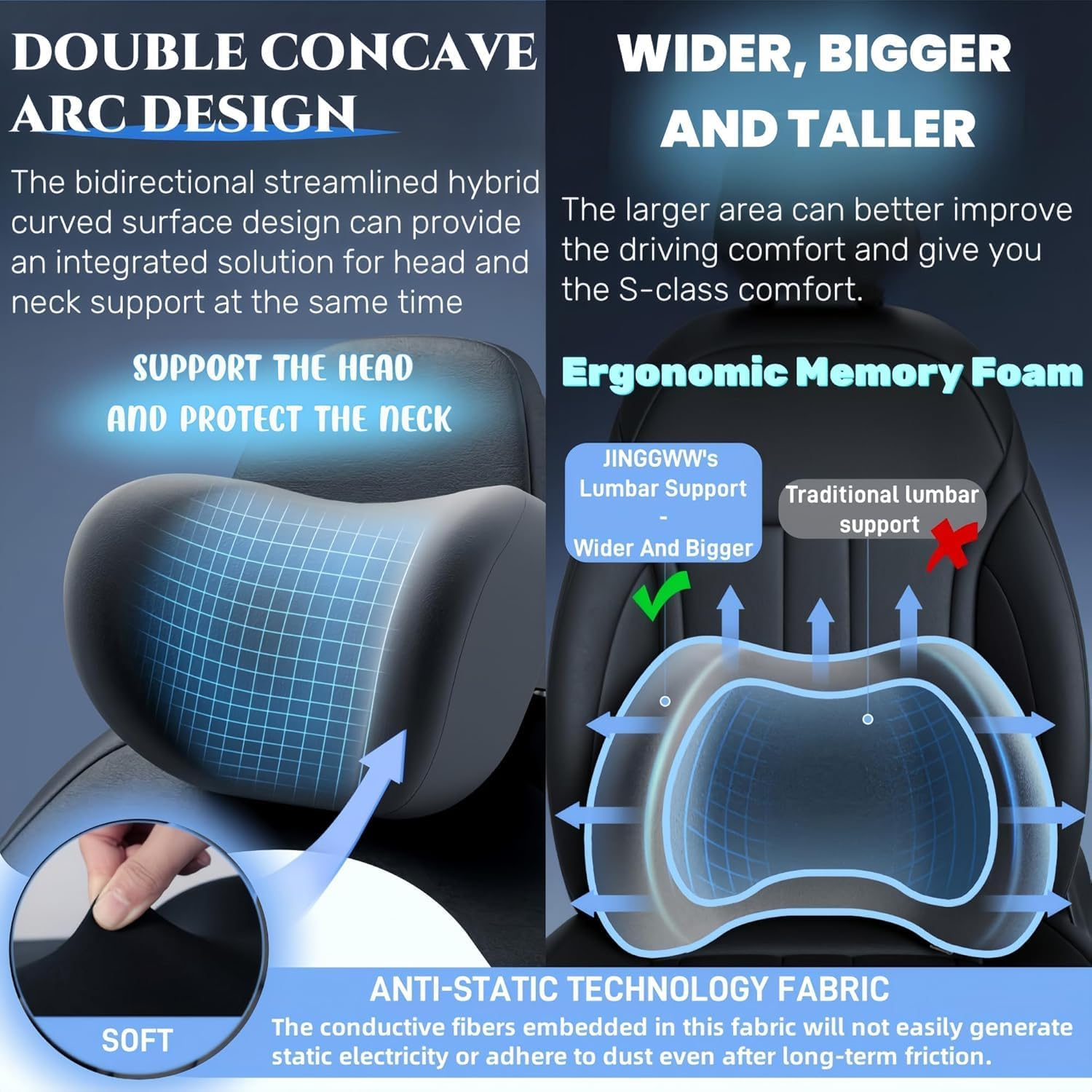 BESLOOR Car Lumbar Support Pillow and Car Neck Pillow Set, Memory Foam Ergonomic Car Seat Headrest and Lumbar Cushion, Relieve Neck Back Pain, Suitable for Car Seats Office Chairs, Etc.(Black) image number 6