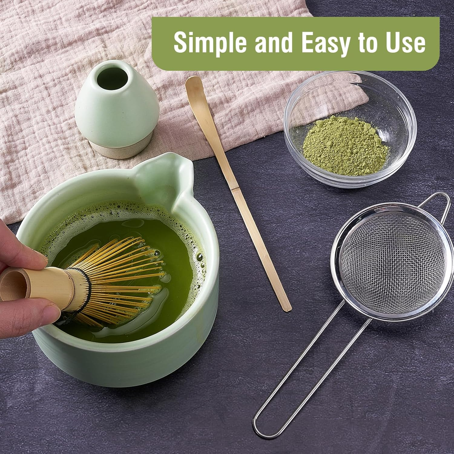 Matcha Whisk Set,5Pcs Household Matcha Kit,Elegant Japanese Matcha Tea Set,Ceramic Matcha Bowl with Spout, Matcha Whisk Holder,Bamboo Whisk, Stainless Sifter & Scoop for Tea Lover-Green image number 1