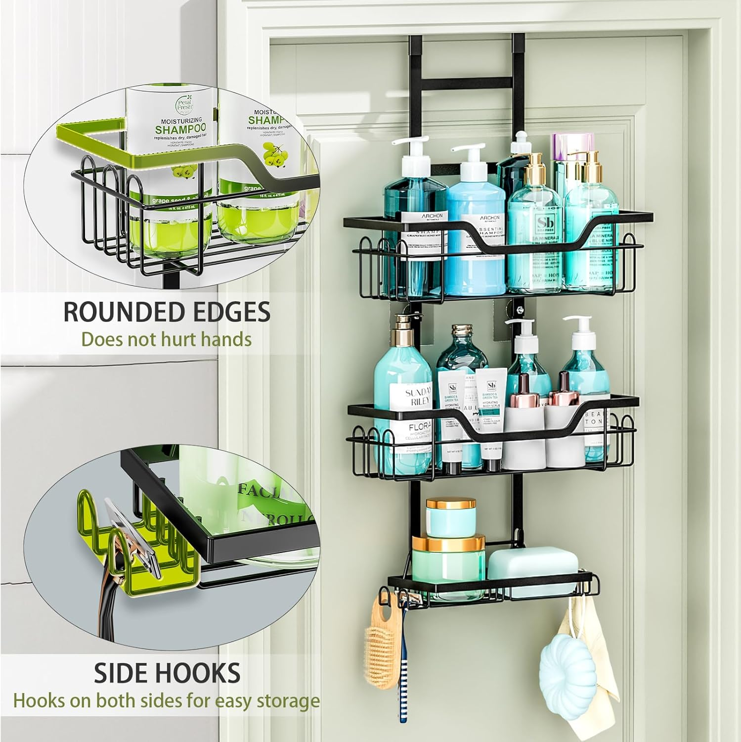 Over the Door Shower Caddy, 3 Tier Hanging Shower Organizer, Metal Hanging Shower Caddy Shower Shelf with Soap Holder and 16 Hooks, Rustproof Bathroom Shower Storage Rack Basket, No Drilling, Black image number 5
