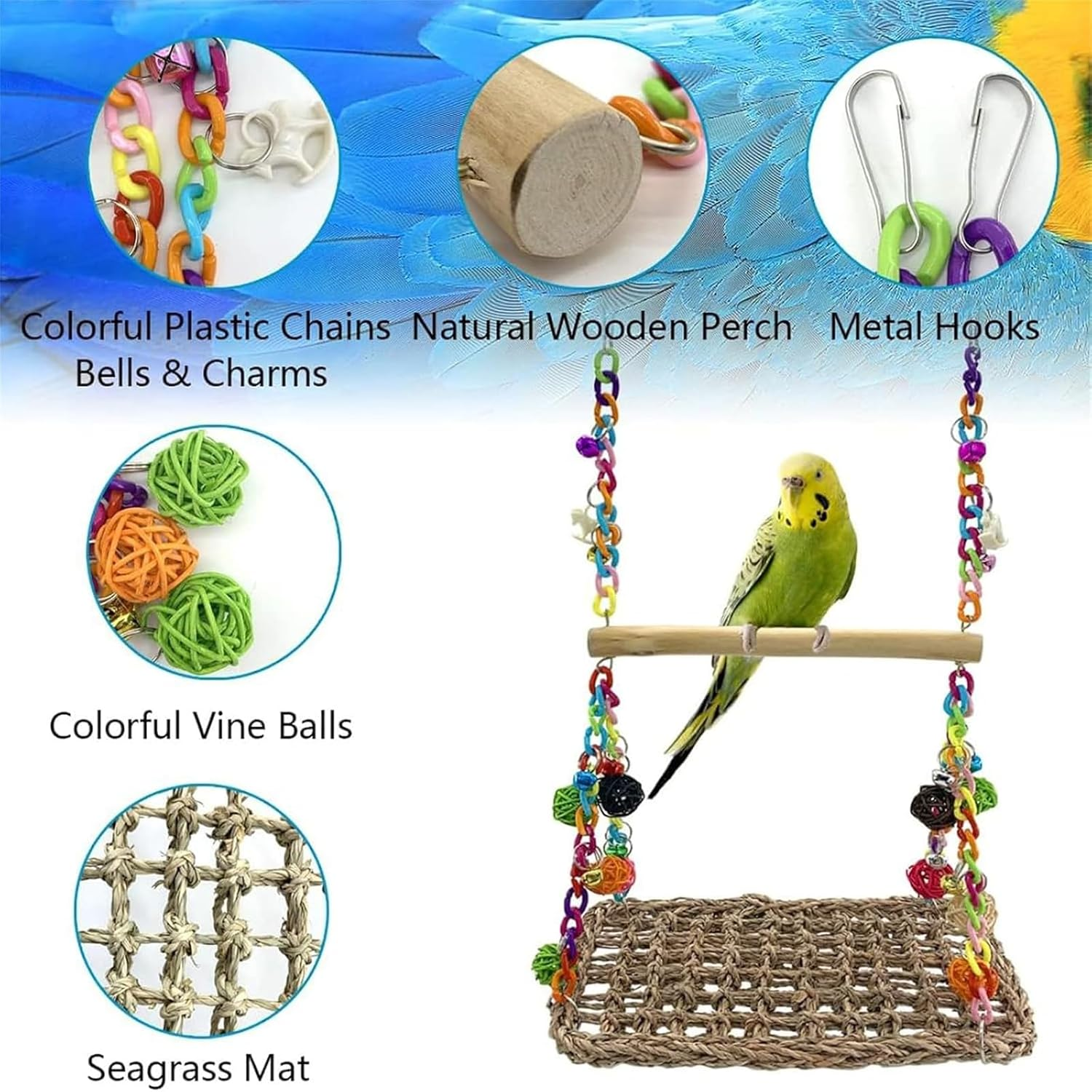 AIMALL Bird Toy Parrot Hammock Swing with Rattan Ball and Color Chain, Double Layer Water Grass Swing, 11.81X7.87 Inches image number 2