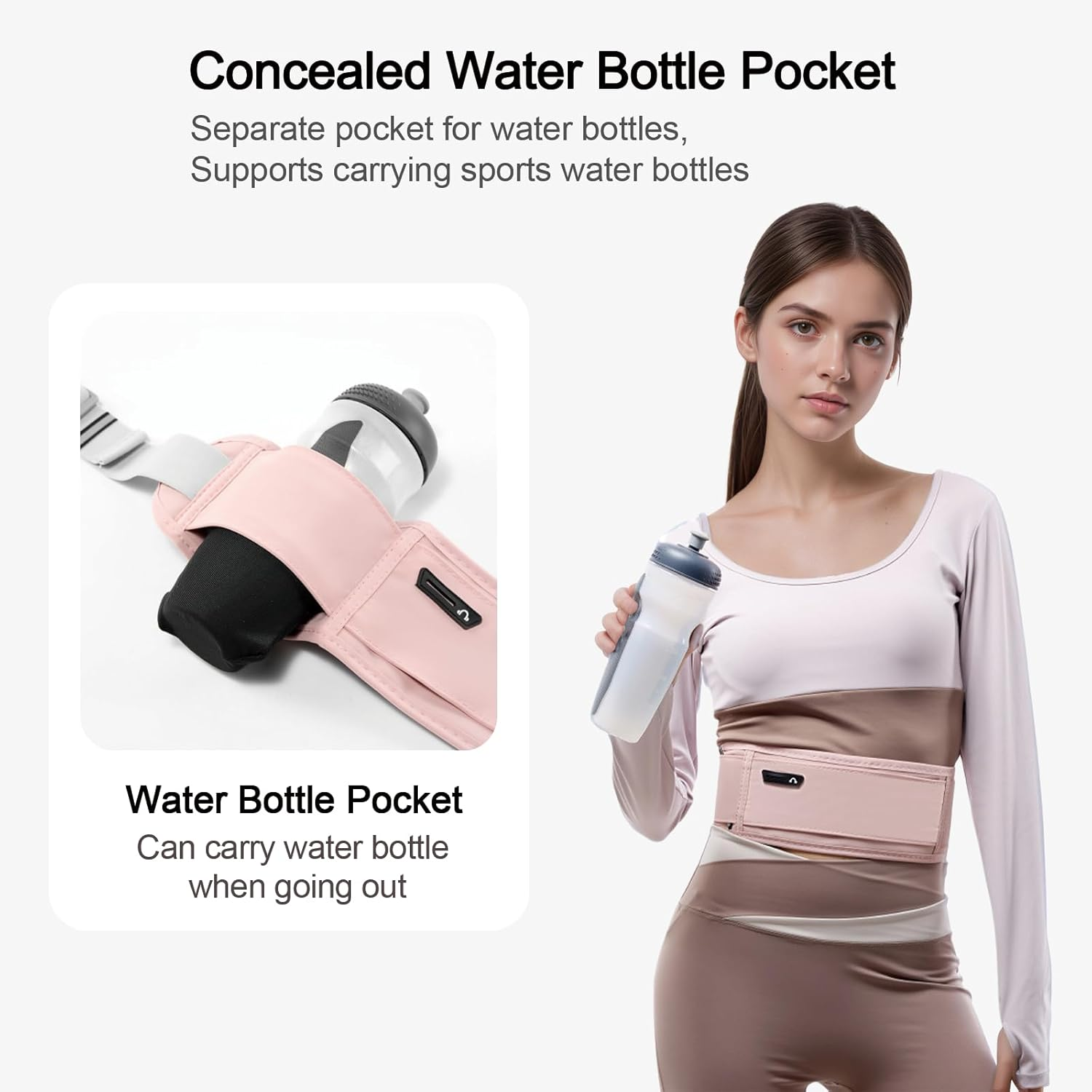 Slim Running Belt,Waist Pack,3-Pocket Waterproof Adjustable Fanny Pack with Hidden Water Bottle Pocket,Phone Holder for Running, Jogging, Hiking, Cycling(Black) image number 1