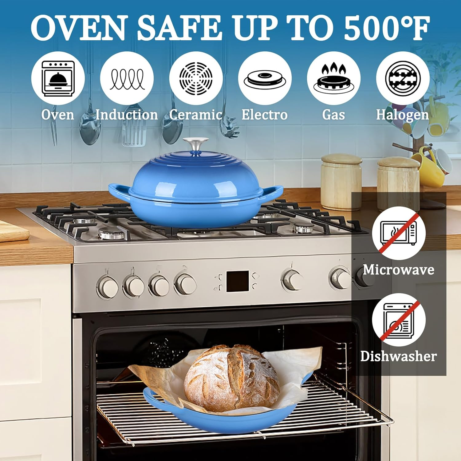 Round Bread Oven for Homemade Sourdough Bread Baking, Leonyo Enameled Cast Iron Dutch Oven Pot with Dome Lid, Non Stick Silicone Baking Mat for Cooking, 6 Quart, Blue