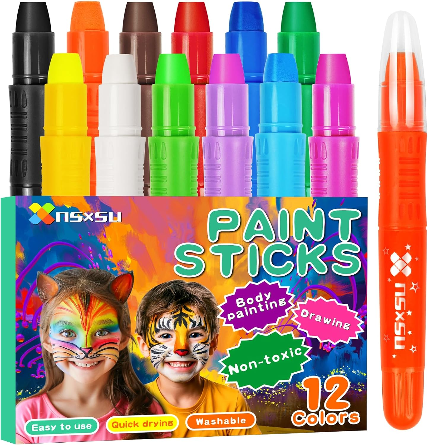 Nsxsu 12 Colors Face Paint for Kids, Washable Tempera Paint Sticks for Toddlers and Students, Quick Drying Body Paint for Birthday Makeup Party Supplies, Mess Free Kids Girls Boys Face Painting Kits image number 2