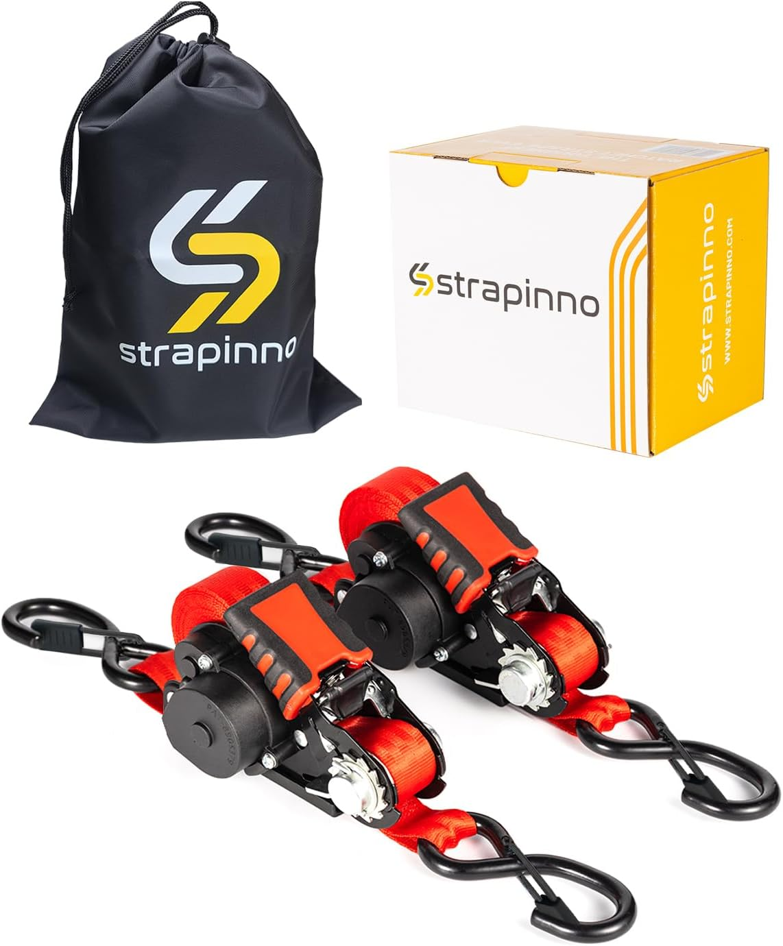 Strapinno Retractable Ratchet Straps - 1 in X 12 Ft Heavy Duty Tie Downs, 1800Lbs Breaking Strength Each, S Hooks with Safety Clip, Autoretract, for Moving, Motorcycle, Boat, Kayak, and Cargo (2) Red image number 4