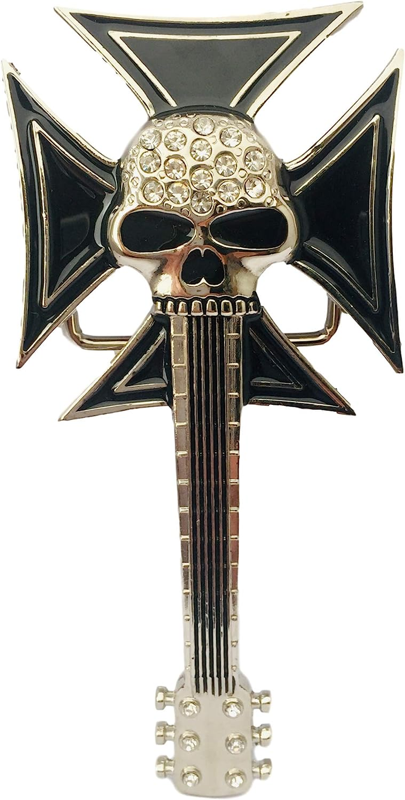 Belt Buckle Skull Guitar with Iron Cross and Diamante Inlay, Biker, Silver Black Vintage Cowboy Fits 40Mm / 1 1/2 Inch Belts image number 1