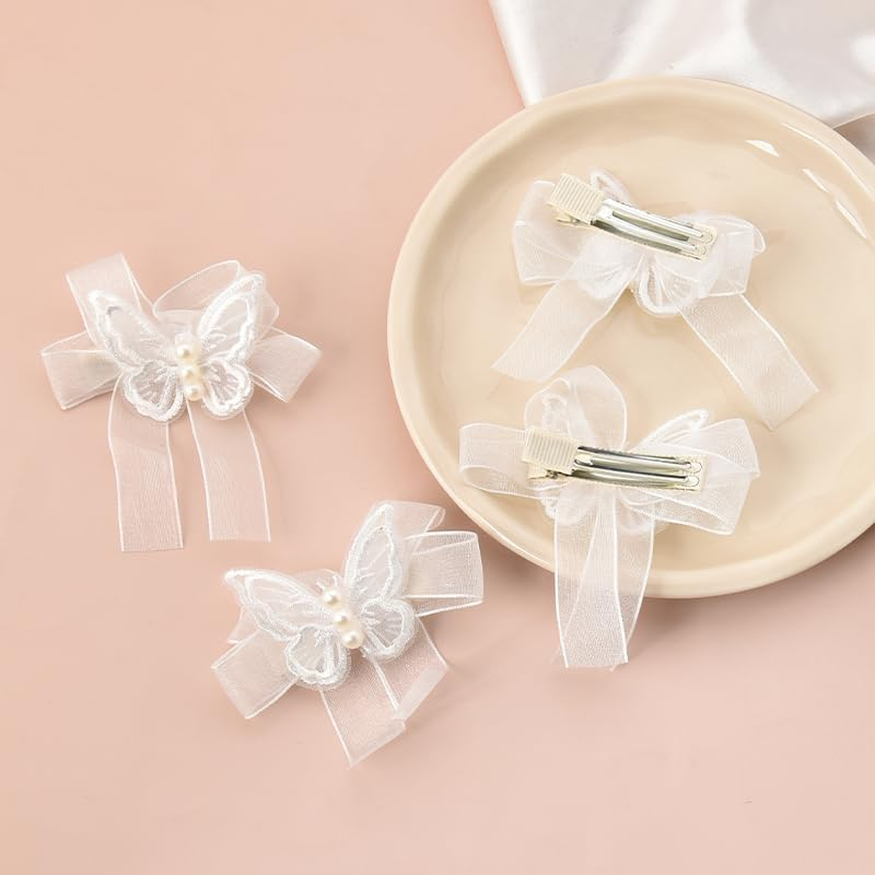 Small Butterfly Hair Clips for Women Girls - Mini Lace Bow Set White Tulle Hair Accessories - Flower Girl Hair Clips for Wedding - Decorative Pearl Bow Barrette 4 Pack image number 6