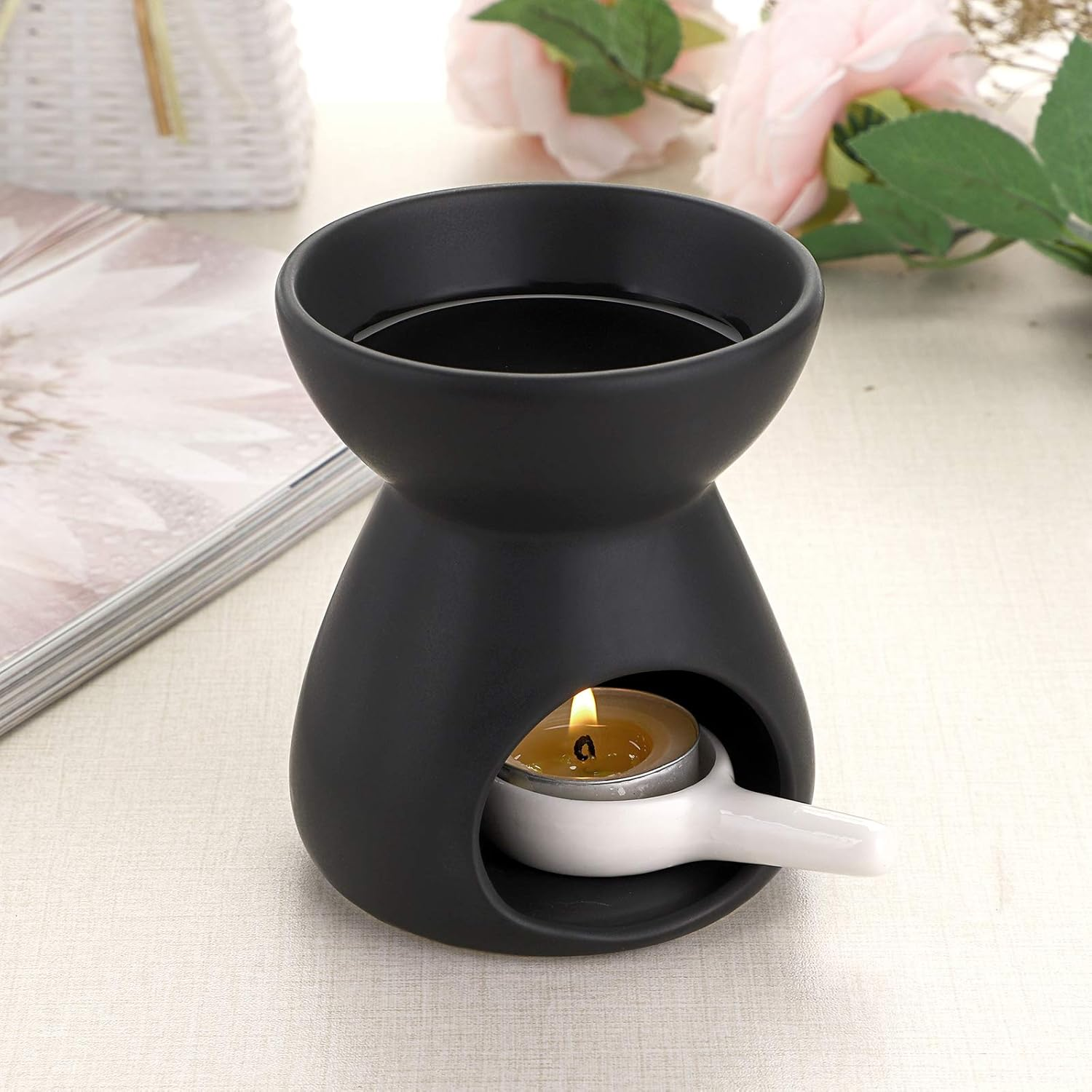 BSTKEY Ceramic Oil Burner Aroma Diffuser, Decorative Wax Melt Burner with Little Candle Spoon, Candle Burner for Home Office, Funnel Model (Black) - White image number 2