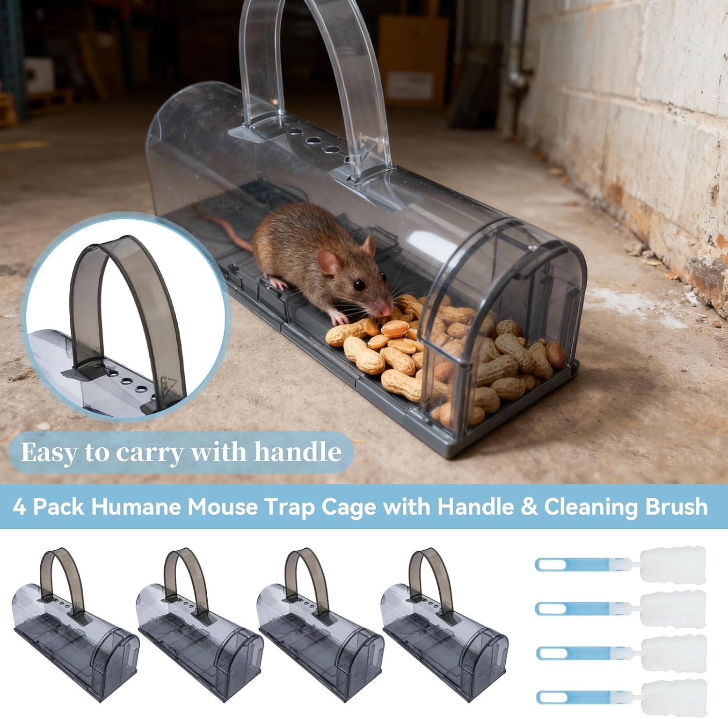 4Pack Humane Mouse Trap Cage with Handle & Cleaning Brush - Safe Effective No-Kill Live Mouse Traps for Indoor & Outdoor Use - Durable Reusable Rodent Catcher for Home, Garage Easy Set Release (Blue) image number 1