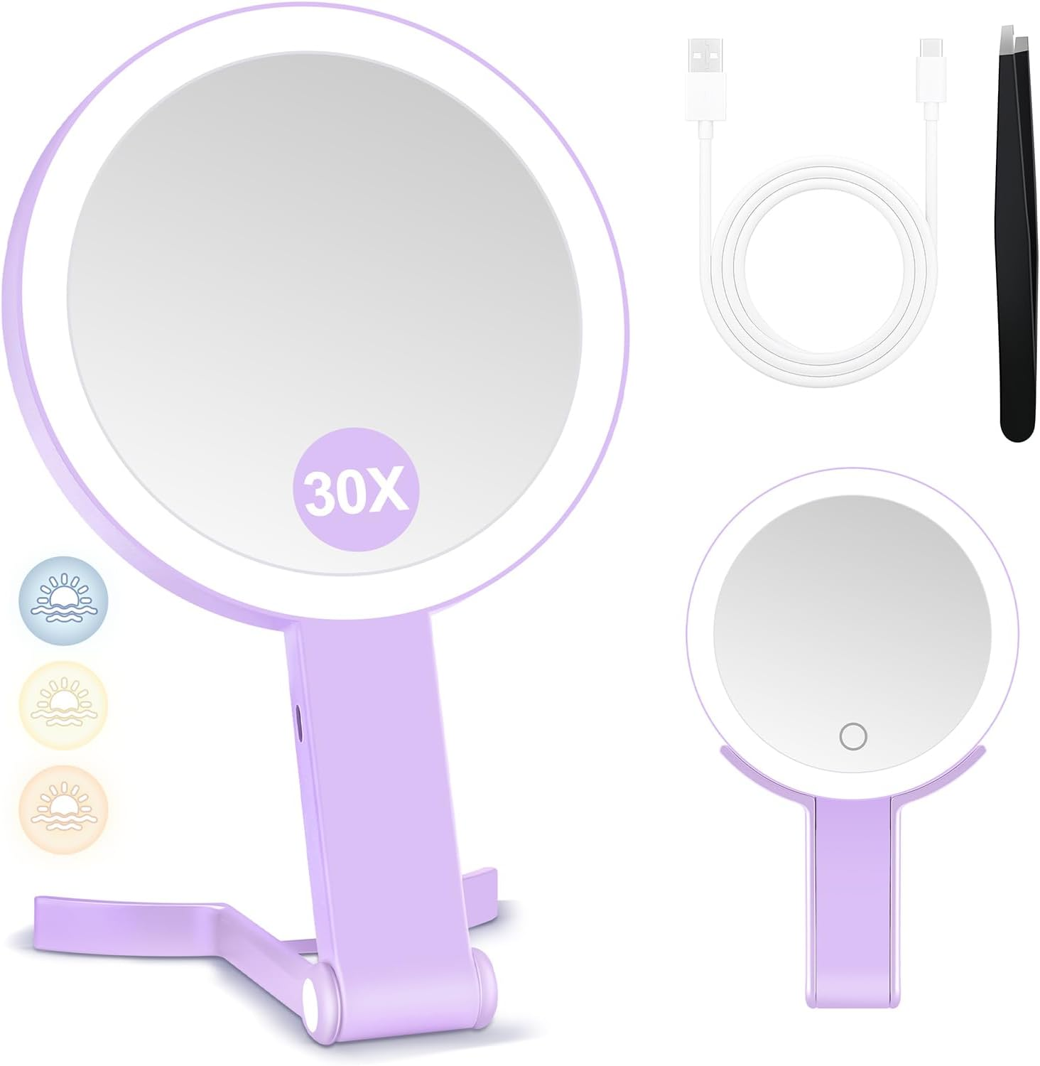 MIYADIVA Magnifying Mirror with Light, Double Sided 30X/1X Lighted Travel Makeup Mirror with Magnification, 3 Color Lighting, Dimmable Touch Screen, Adjustable & Foldable Hand Mirror (Green)