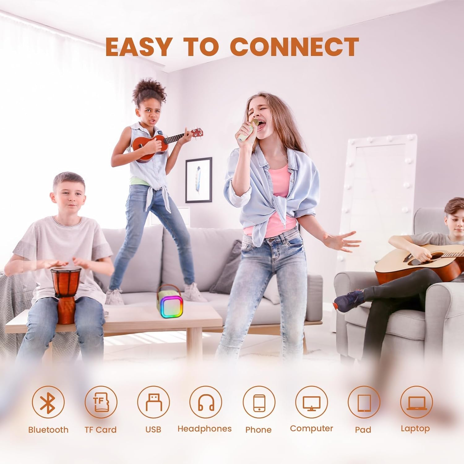 Kids Karaoke Machine, Karaoke Microphone Machine Toy with 2 Wireless Microphones, Portable Bluetooth Speaker Gift with Colorful Lights for Girls Boys Family Home Party(Beige) image number 4